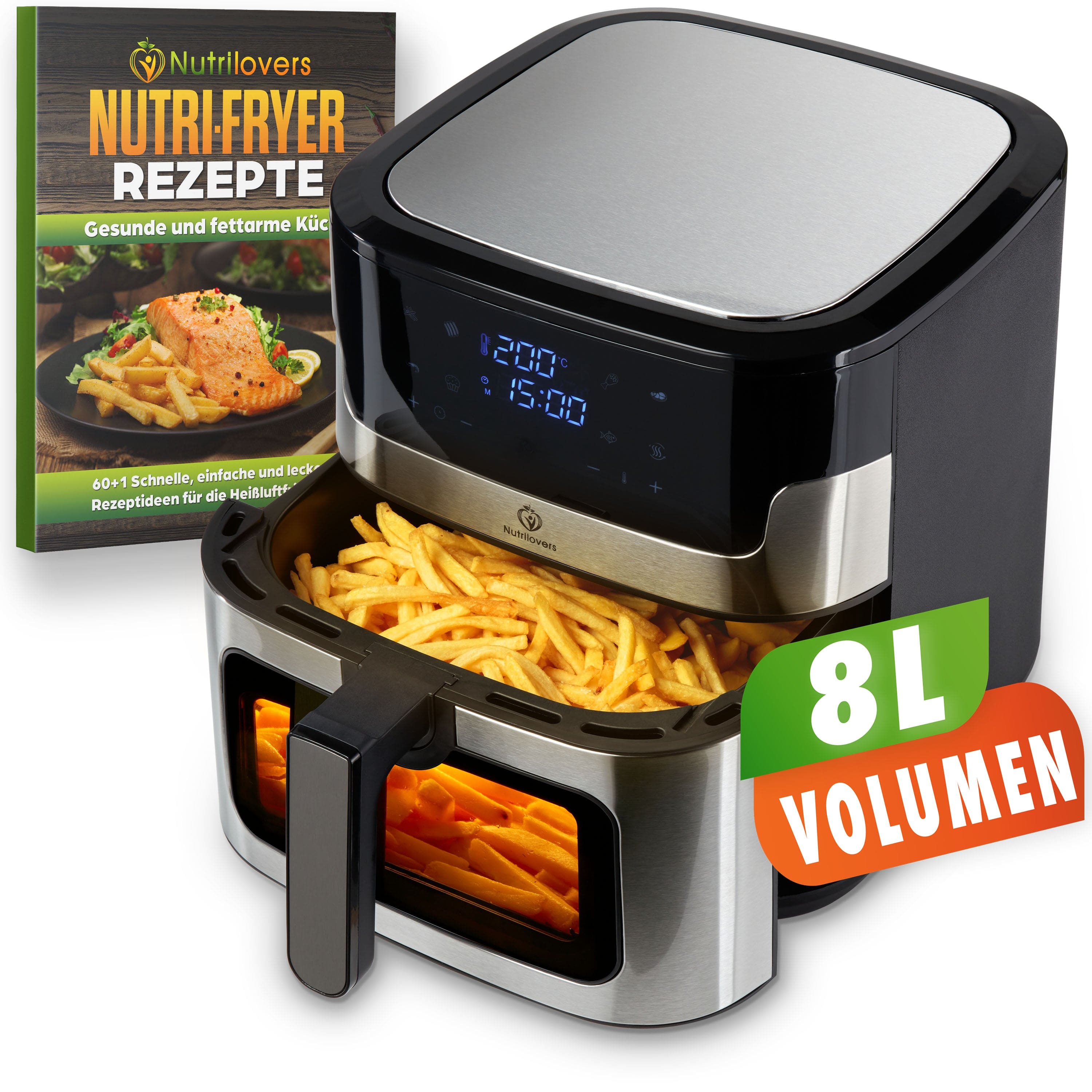 Nutrilovers NUTRI-FRYER (B) Heißluftfritteuse XXL Edelstahl, 8L, 2000W, Ober-& Unterhitze