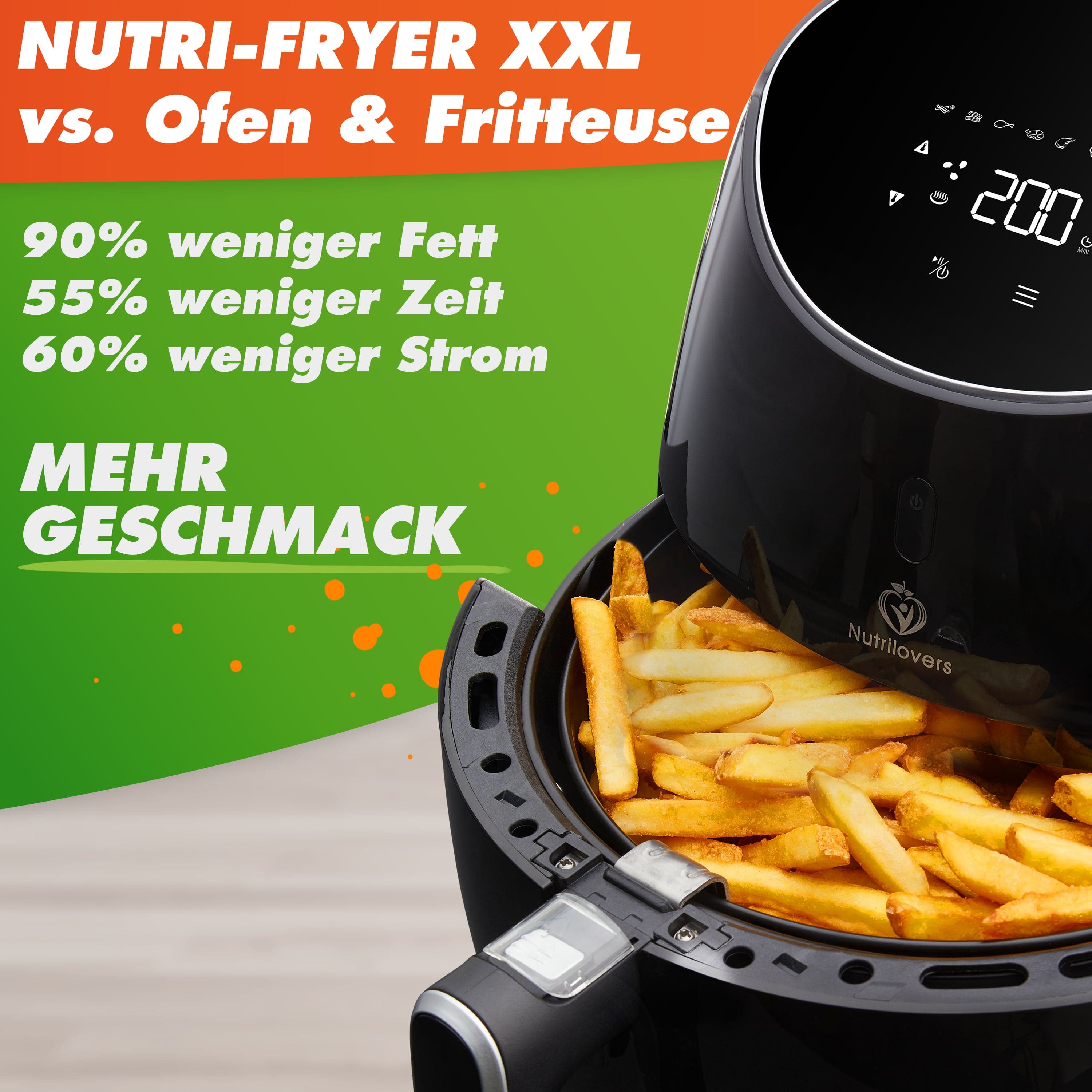 Nutrilovers Heissluftfritteuse NUTRI-FRYER (B) BLACK - Heißluftfritteuse XXL 2000W 5.0L WissenWasDrinIst