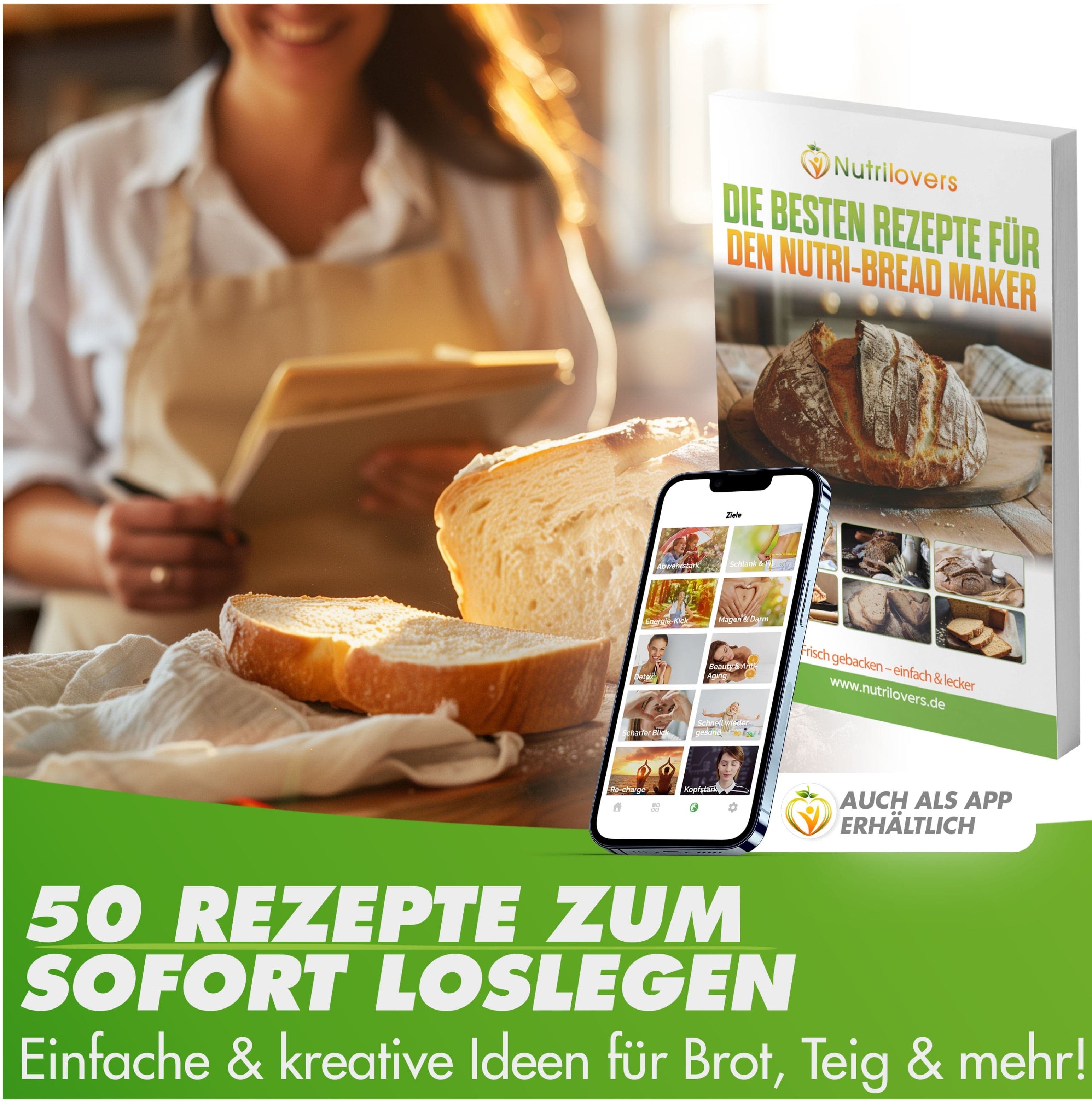Nutrilovers Brotbackautomat NUTRI-BREAD MAKER Brotbackautomat mit 19 Programmen, inkl. Rezeptbuch WissenWasDrinIst