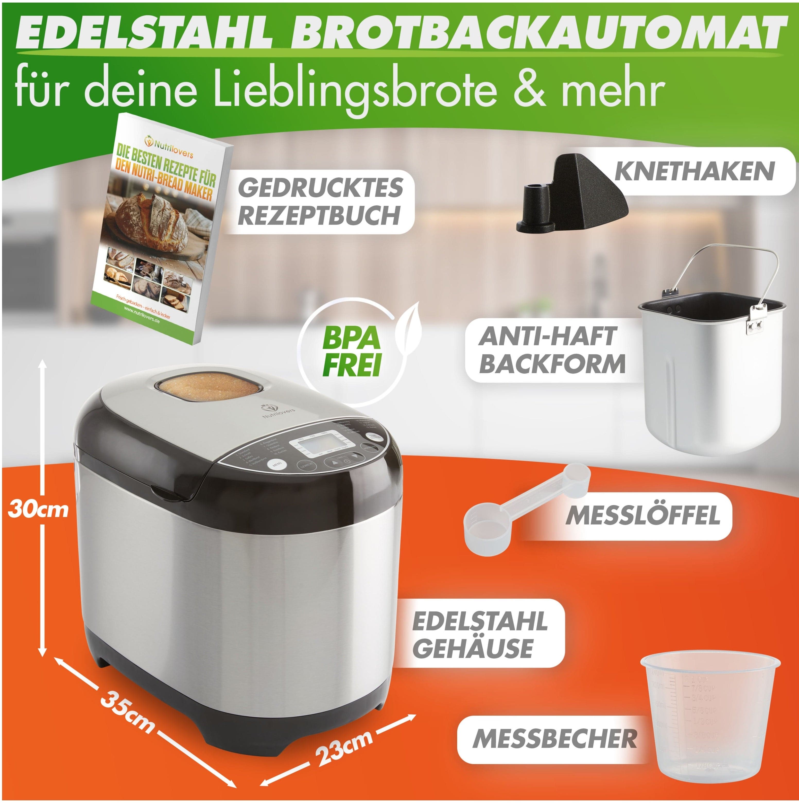 Nutrilovers Brotbackautomat NUTRI-BREAD MAKER Brotbackautomat mit 19 Programmen, inkl. Rezeptbuch WissenWasDrinIst