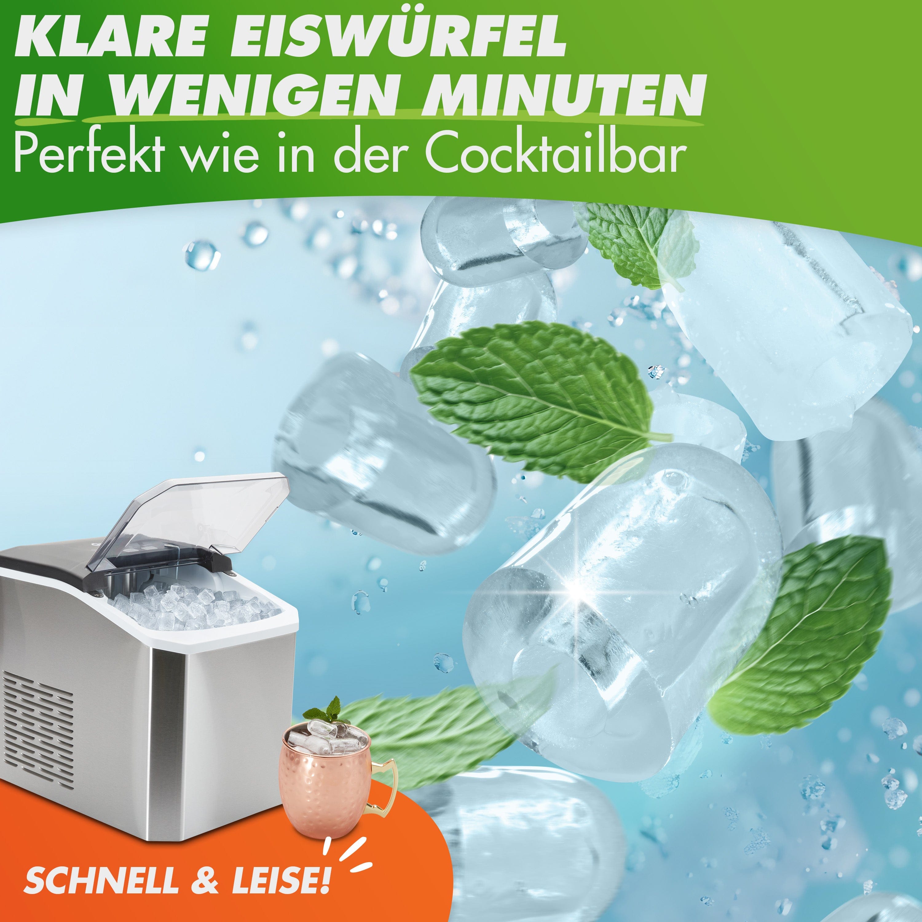 Nutrilovers Eiswürfelmaschine NUTRI-ICE MAKER Eiswürfelmaschine - Edelstahl Eiswürfelbereiter für transparente Kleine & Große Eiswürfel inkl. Moscow Mule Set + Rezeptbuch WissenWasDrinIst