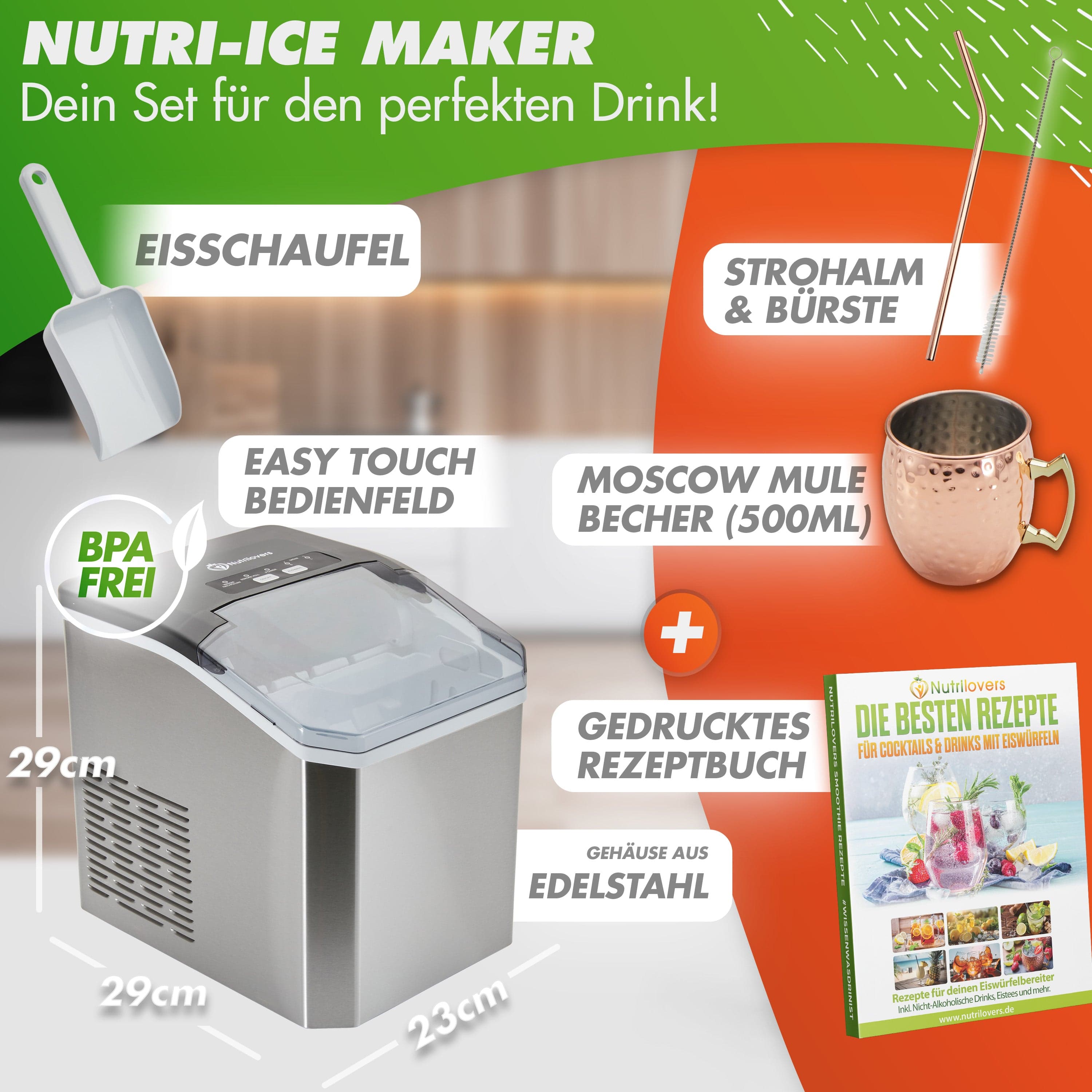 Nutrilovers Eiswürfelmaschine NUTRI-ICE MAKER Eiswürfelmaschine - Edelstahl Eiswürfelbereiter für transparente Kleine & Große Eiswürfel inkl. Moscow Mule Set + Rezeptbuch WissenWasDrinIst