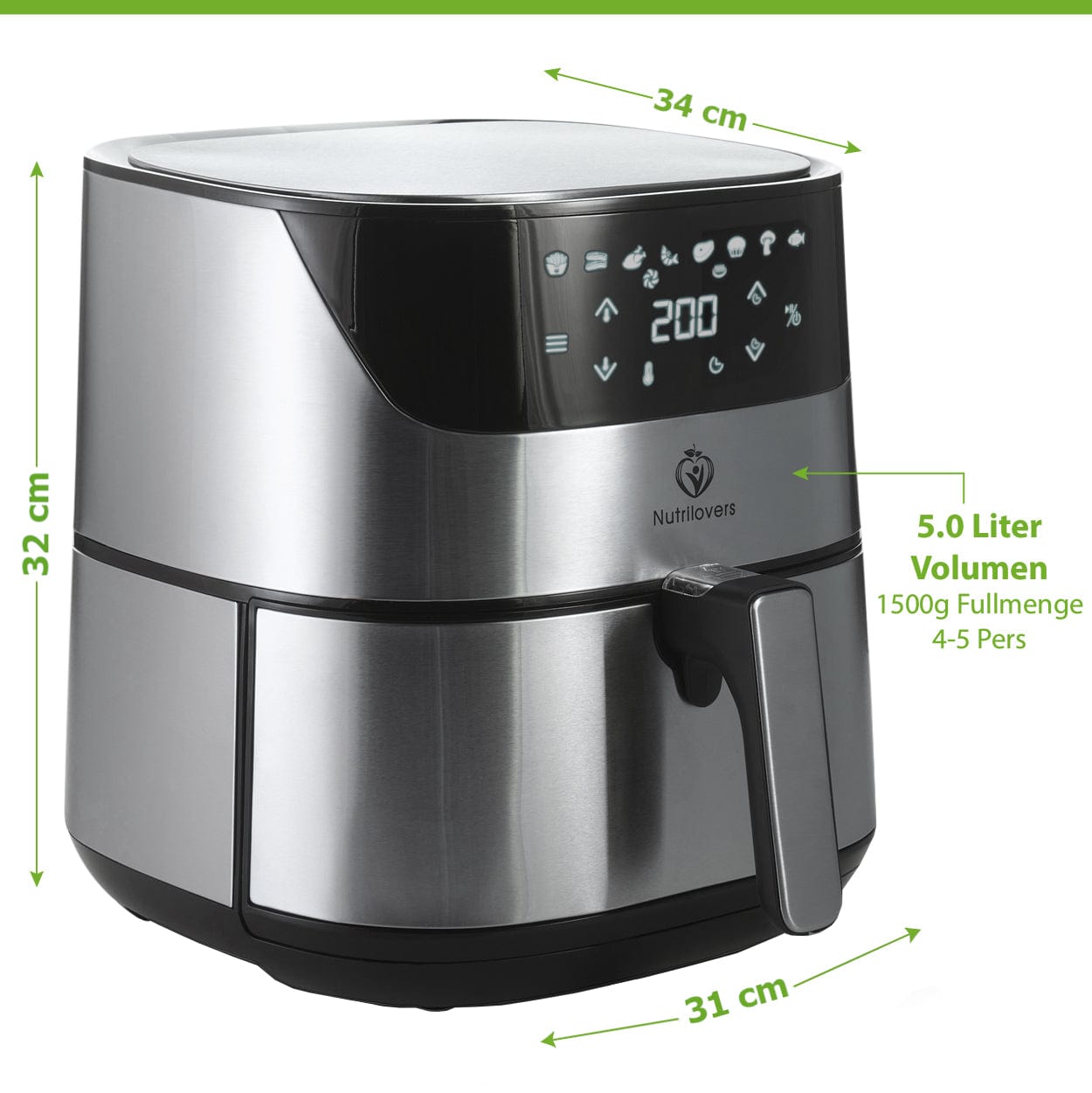 Nutrilovers Heißluftfritteuse NUTRI-FRYER Edelstahl-Heißluftfritteuse XXL mit 2000W Leistung, 5.0 Liter Volumen WissenWasDrinIst