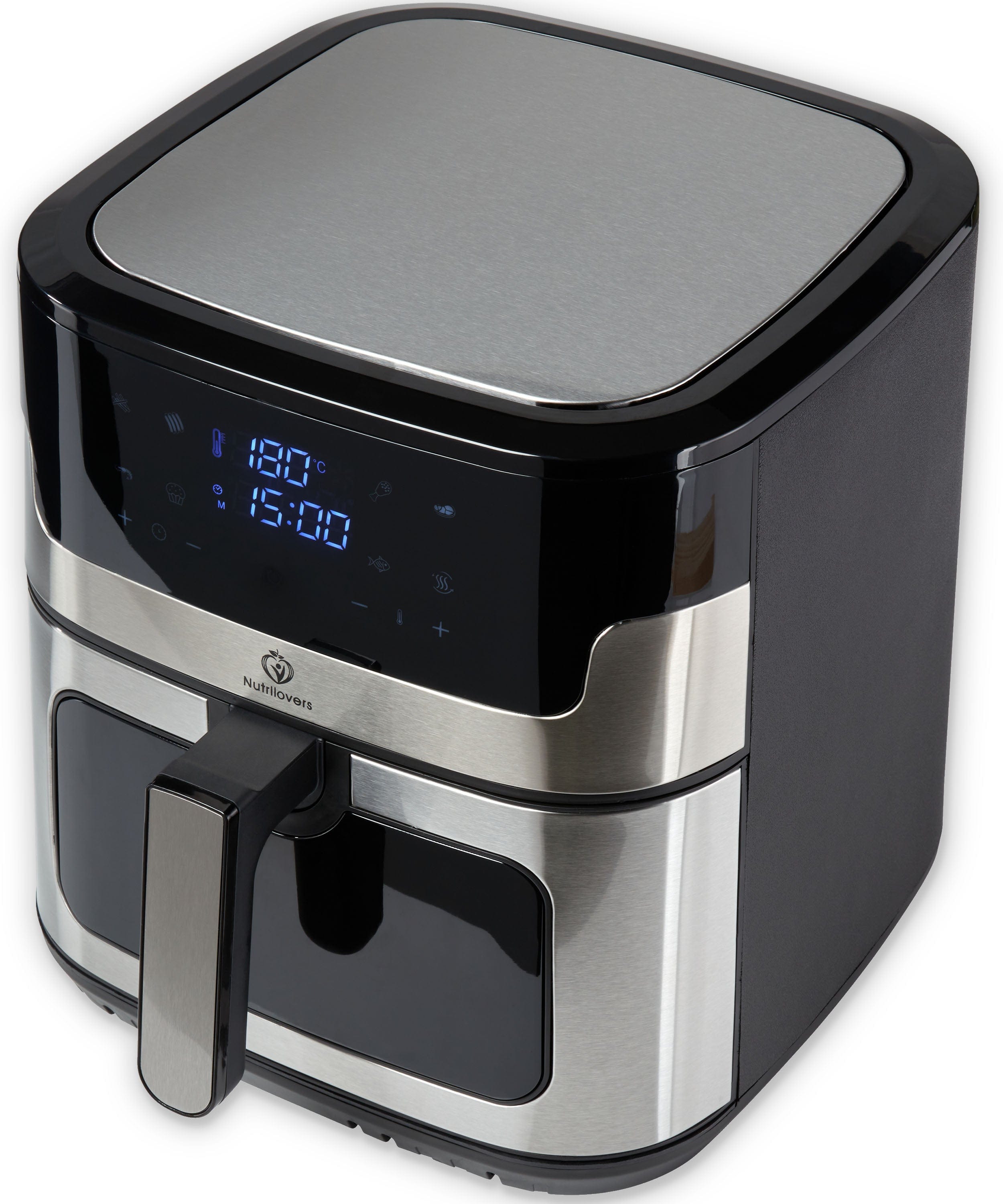 Nutrilovers Heißluftfritteuse NUTRI-FRYER Heißluftfritteuse XXL Edelstahl 2000W Power Airfryer Groß 8L - Double Heating, Sichtfenster, Pommes Fritteuse ohne Fett & Öl mit Rezeptbuch WissenWasDrinIst