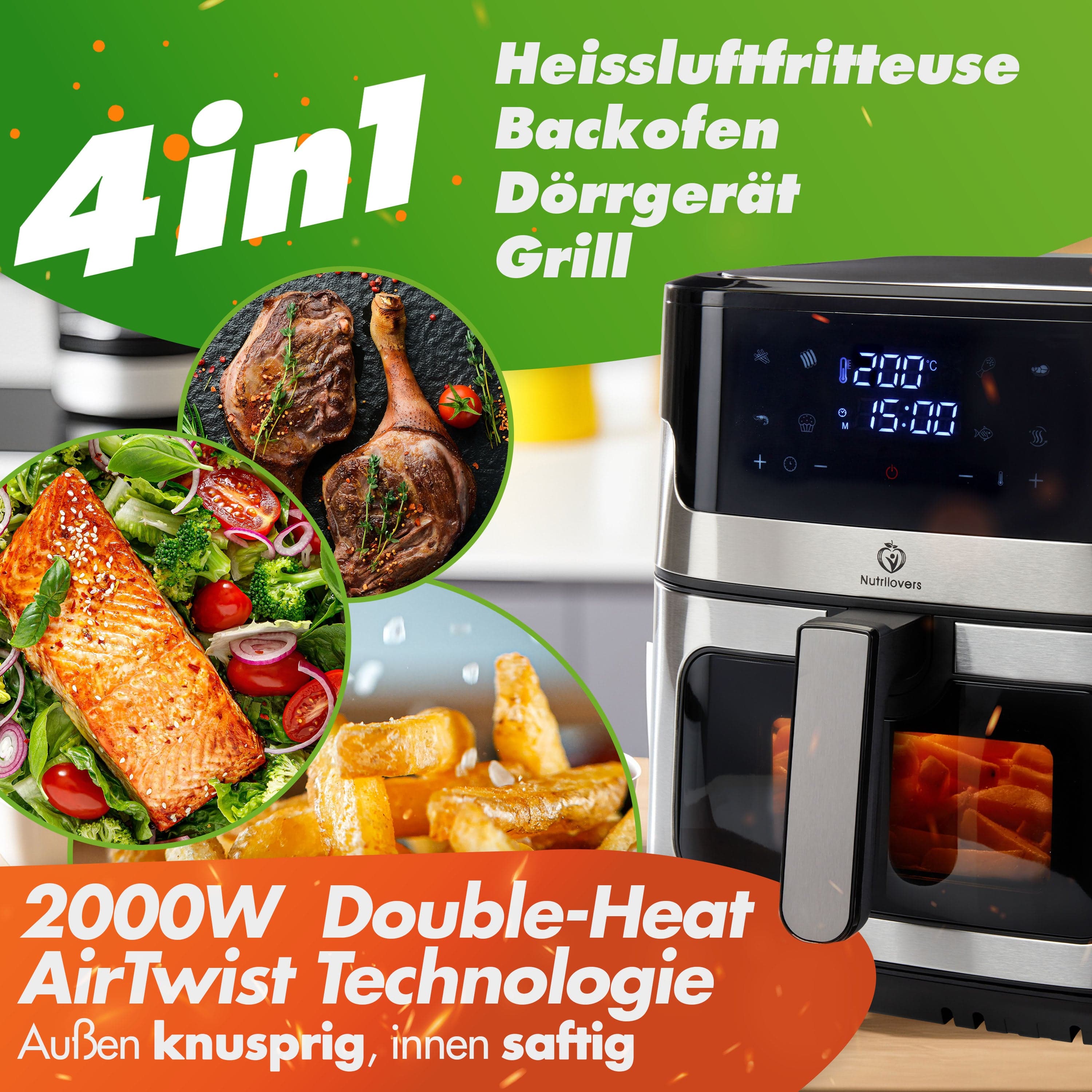 Nutrilovers Heißluftfritteuse NUTRI-FRYER Heißluftfritteuse XXL Edelstahl 2000W Power Airfryer Groß 8L - Double Heating, Sichtfenster, Pommes Fritteuse ohne Fett & Öl mit Rezeptbuch WissenWasDrinIst