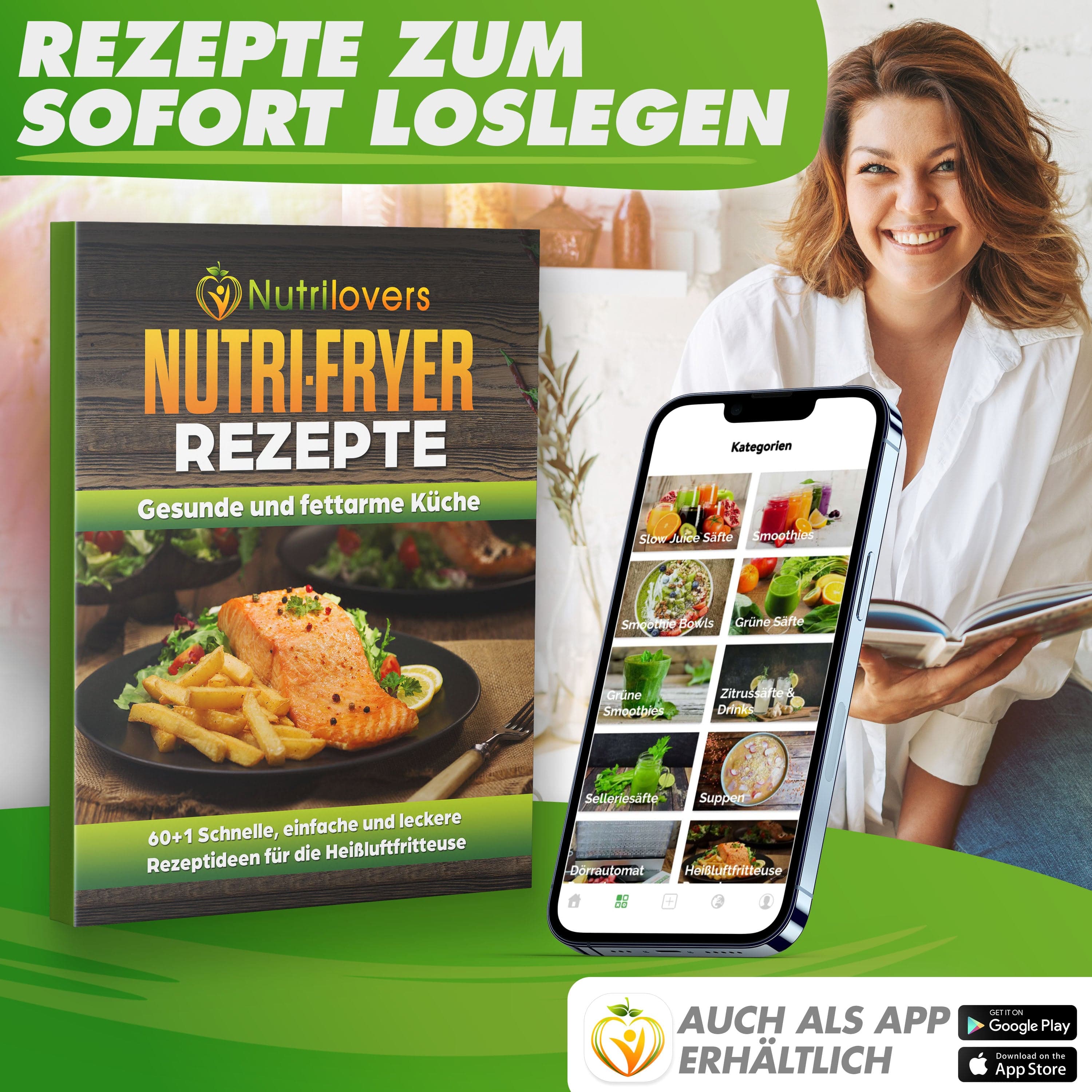 Nutrilovers Heißluftfritteuse NUTRI-FRYER Heißluftfritteuse XXL Edelstahl 2000W Power Airfryer Groß 8L - Double Heating, Sichtfenster, Pommes Fritteuse ohne Fett & Öl mit Rezeptbuch WissenWasDrinIst