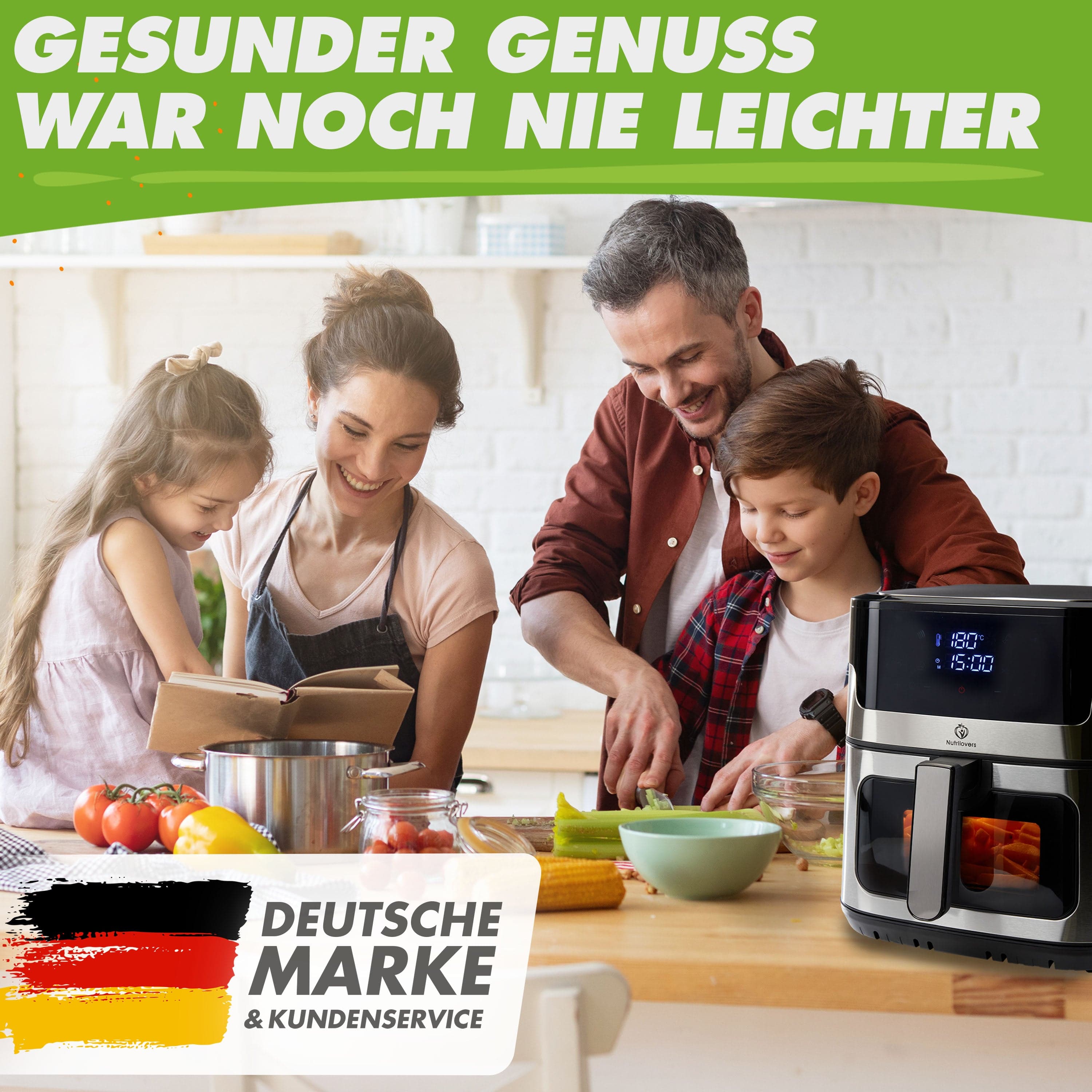 Nutrilovers Heißluftfritteuse NUTRI-FRYER Heißluftfritteuse XXL Edelstahl 2000W Power Airfryer Groß 8L - Double Heating, Sichtfenster, Pommes Fritteuse ohne Fett & Öl mit Rezeptbuch WissenWasDrinIst