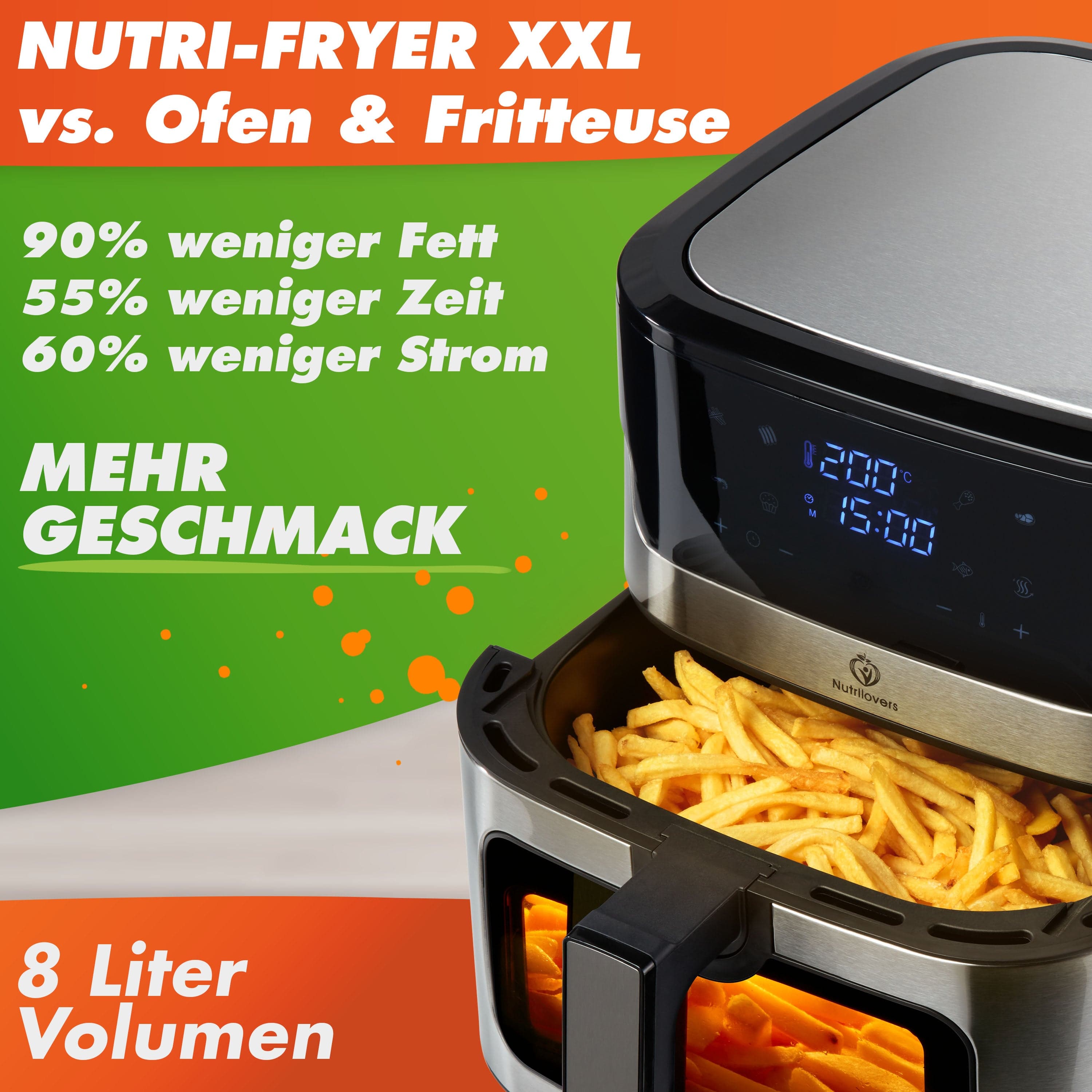 Nutrilovers Heißluftfritteuse NUTRI-FRYER Heißluftfritteuse XXL Edelstahl 2000W Power Airfryer Groß 8L - Double Heating, Sichtfenster, Pommes Fritteuse ohne Fett & Öl mit Rezeptbuch WissenWasDrinIst
