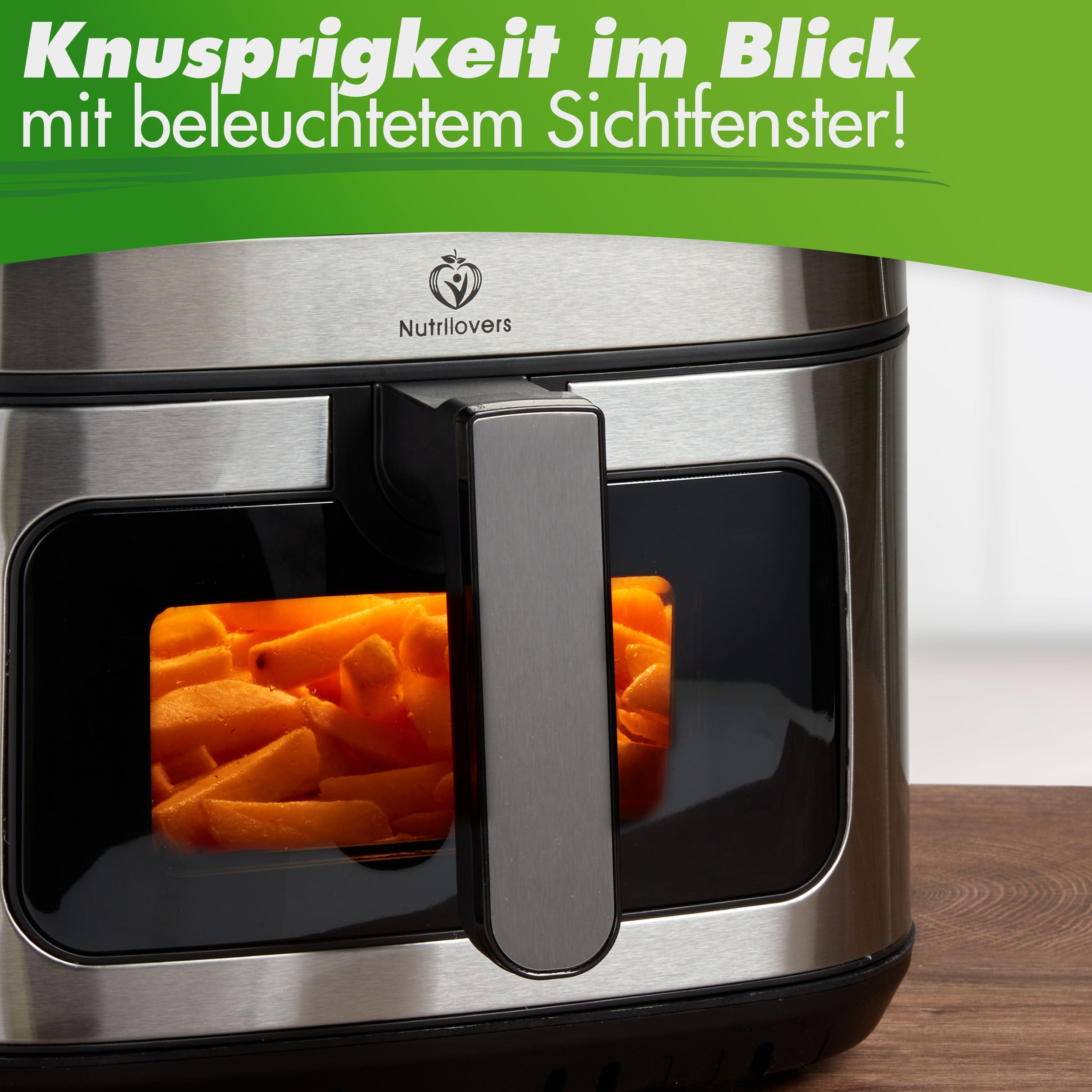 Nutrilovers Heißluftfritteuse NUTRI-FRYER Heißluftfritteuse XXL Edelstahl 2000W Power Airfryer Groß 8L - Double Heating, Sichtfenster, Pommes Fritteuse ohne Fett & Öl mit Rezeptbuch WissenWasDrinIst