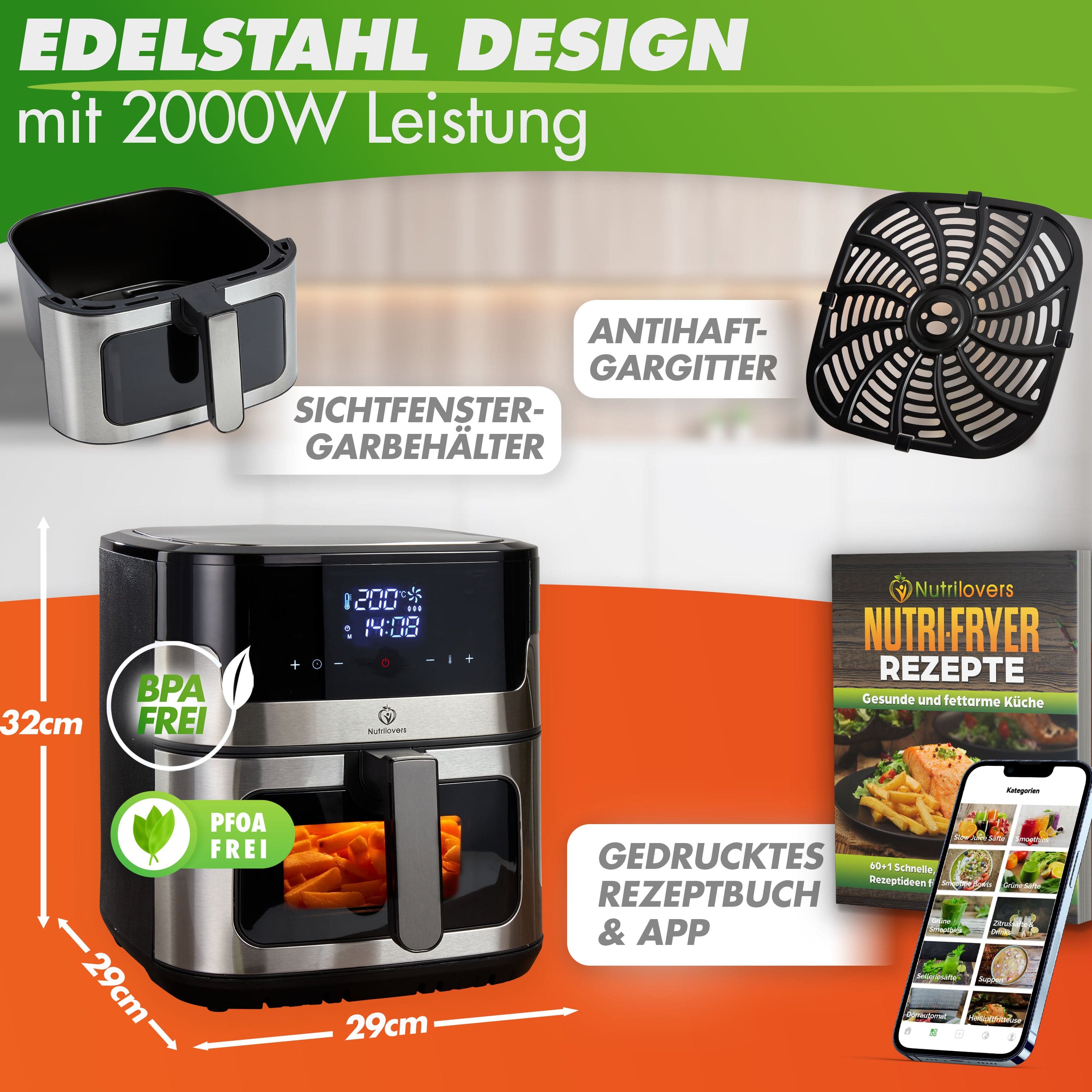 Nutrilovers Heißluftfritteuse NUTRI-FRYER Heißluftfritteuse XXL Edelstahl 2000W Power Airfryer Groß 8L - Double Heating, Sichtfenster, Pommes Fritteuse ohne Fett & Öl mit Rezeptbuch WissenWasDrinIst