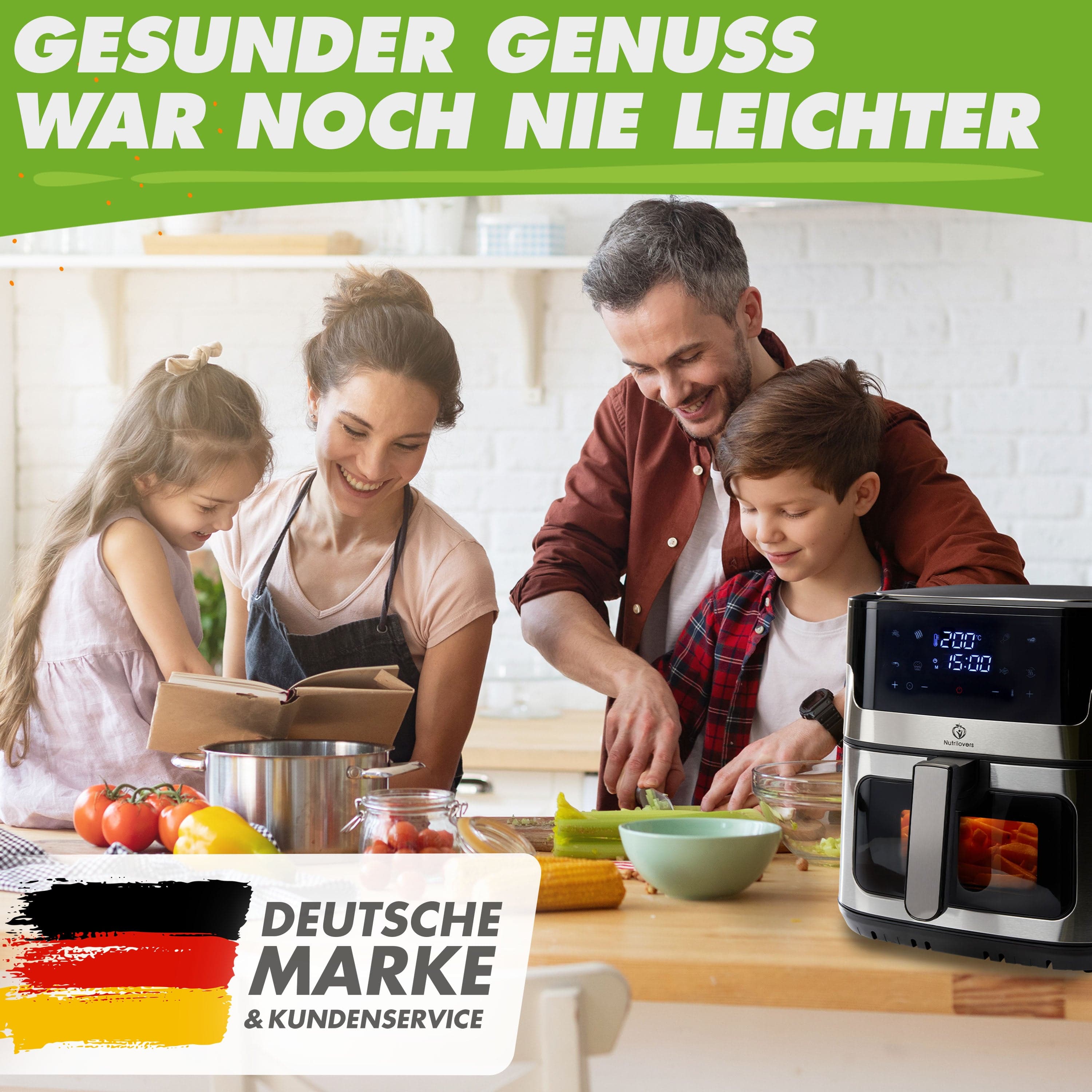 Nutrilovers Heißluftfritteuse NUTRI-FRYER Heißluftfritteuse XXL Edelstahl 2000W Power Airfryer Groß 8L - Double Heating, Sichtfenster, Pommes Fritteuse ohne Fett & Öl mit Rezeptbuch WissenWasDrinIst