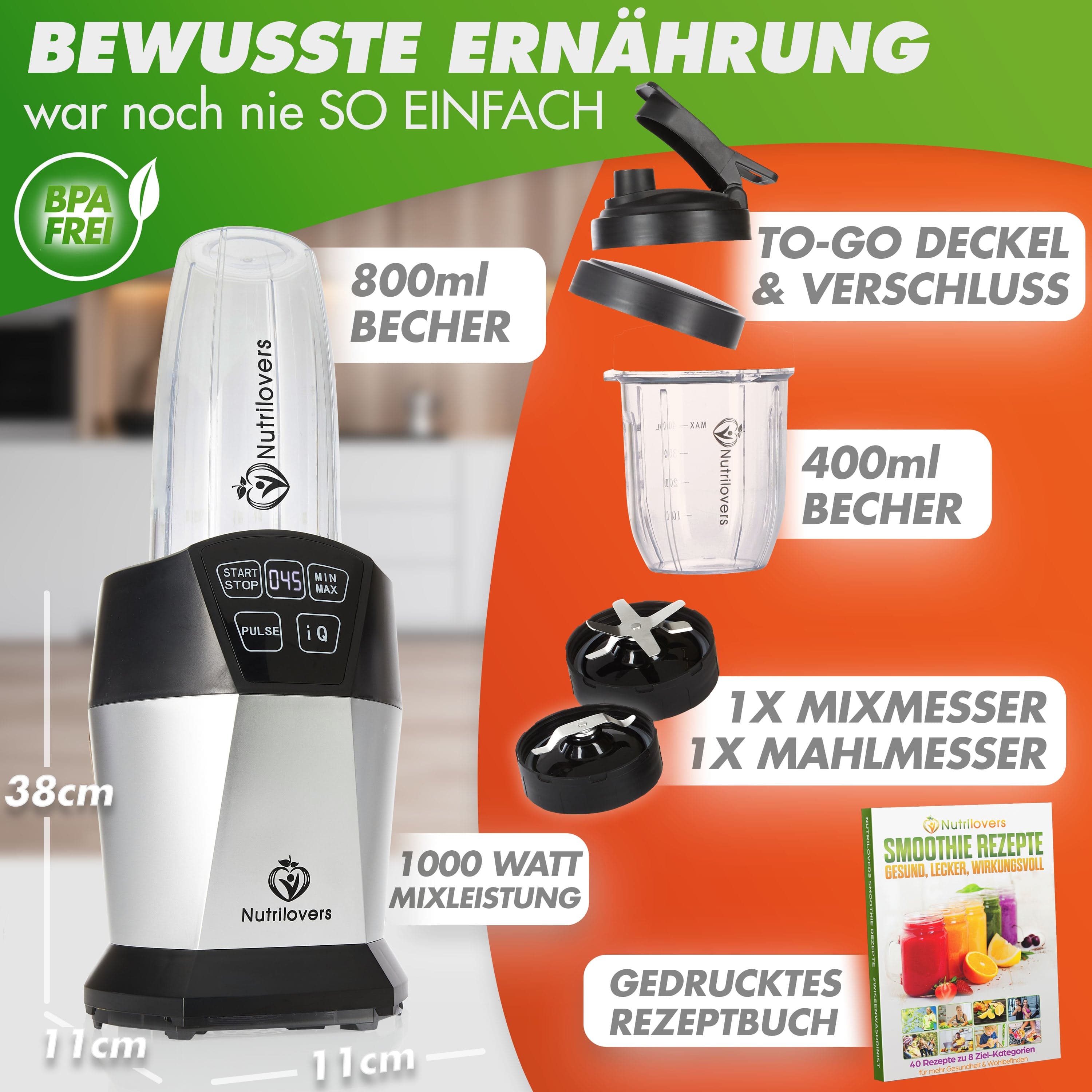 Nutrilovers Smoothie Maker NUTRI-BLENDER 2024 Smoothie Maker to go 1000 Watt Mini-Mixer mit Auto-IQ, BPA-frei, Inkl. Rezeptbuch, 2x Becher und To go Deckel WissenWasDrinIst