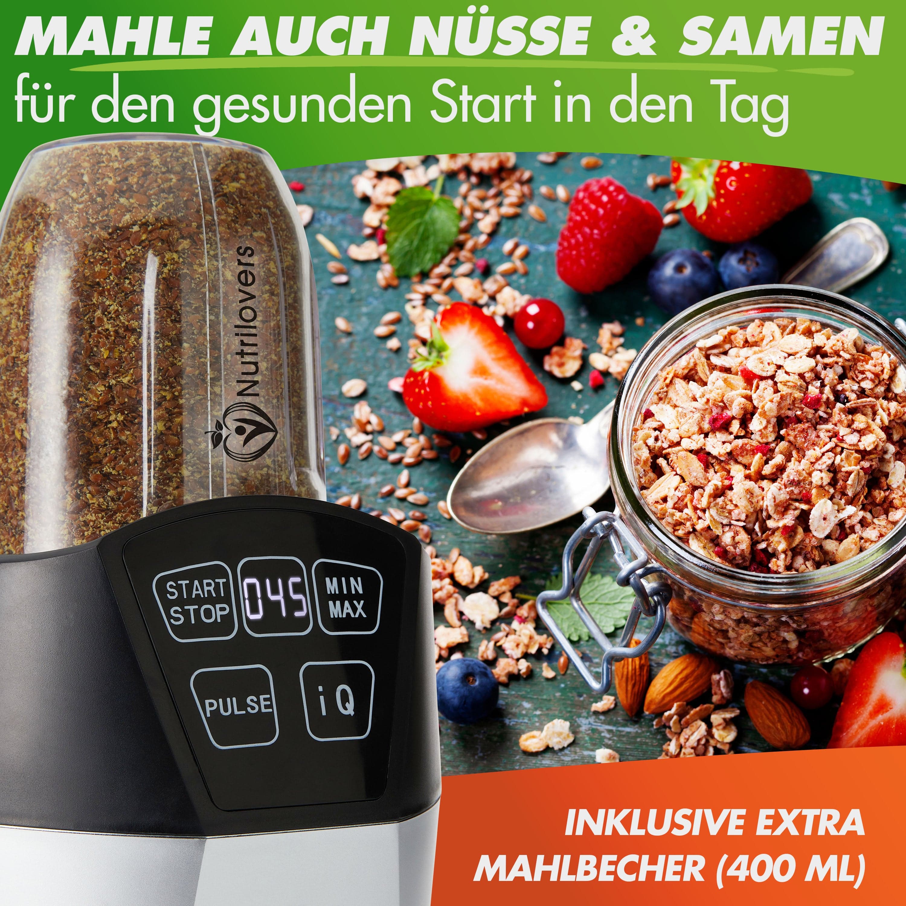 Nutrilovers Smoothie Maker NUTRI-BLENDER 2024 Smoothie Maker to go 1000 Watt Mini-Mixer mit Auto-IQ, BPA-frei, Inkl. Rezeptbuch, 2x Becher und To go Deckel WissenWasDrinIst