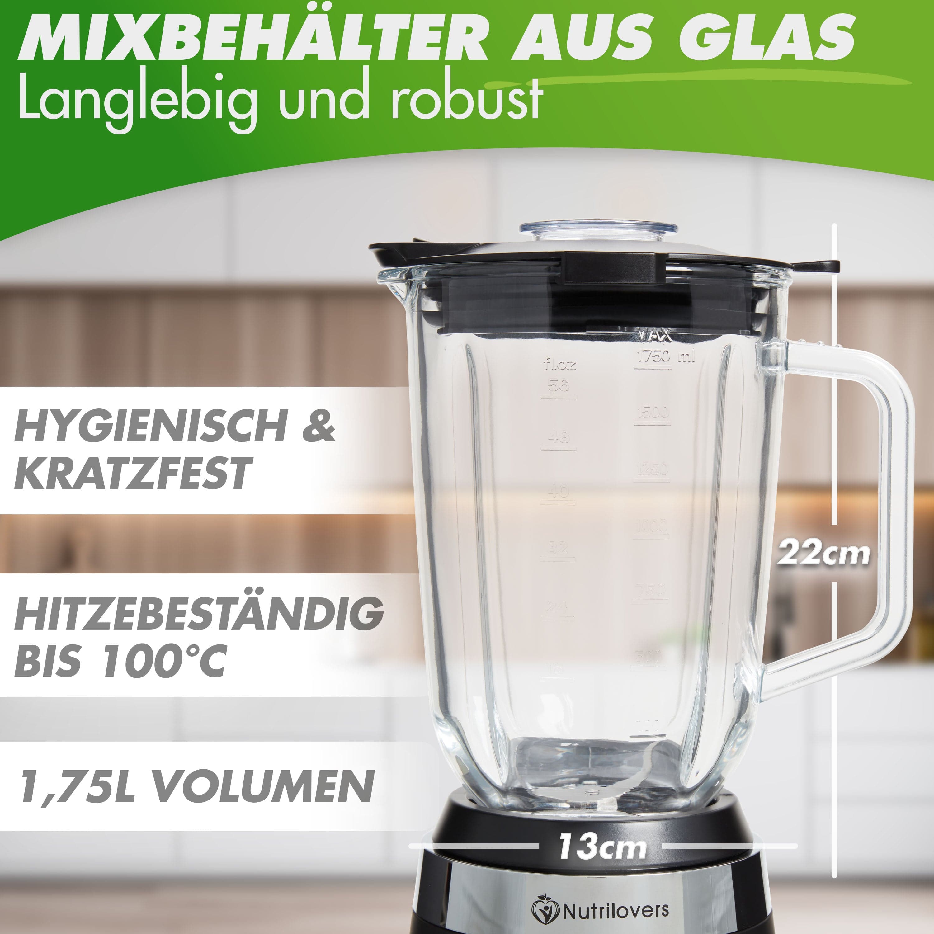 Nutrilovers Standmixer NUTRI-BLENDER GLAS Standmixer mit Glasbehälter, 1300W, 3 Programme inkl. Rezeptbuch WissenWasDrinIst