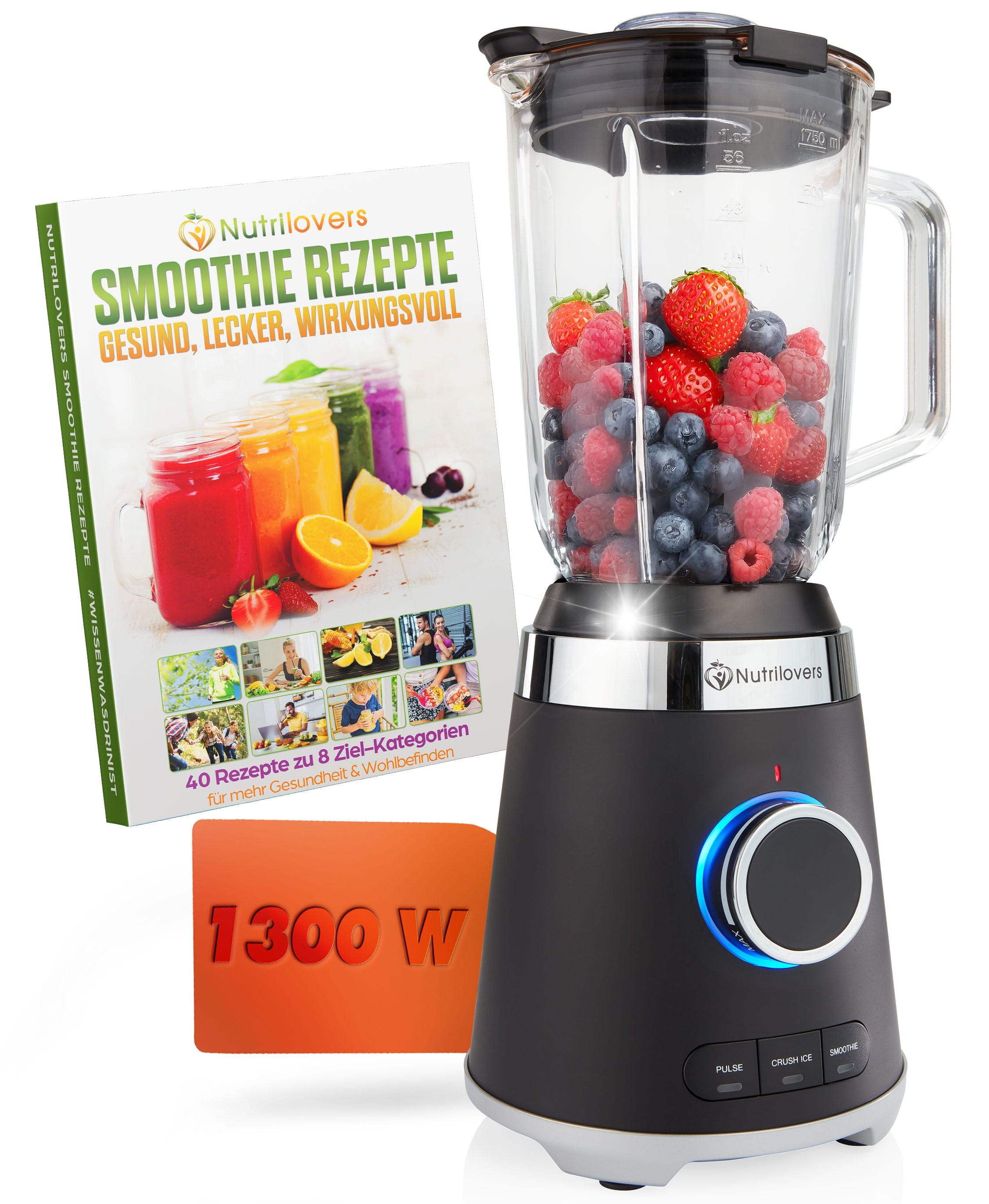 Nutrilovers Standmixer NUTRI-BLENDER GLAS Standmixer mit Glasbehälter, 1300W, 3 Programme inkl. Rezeptbuch WissenWasDrinIst