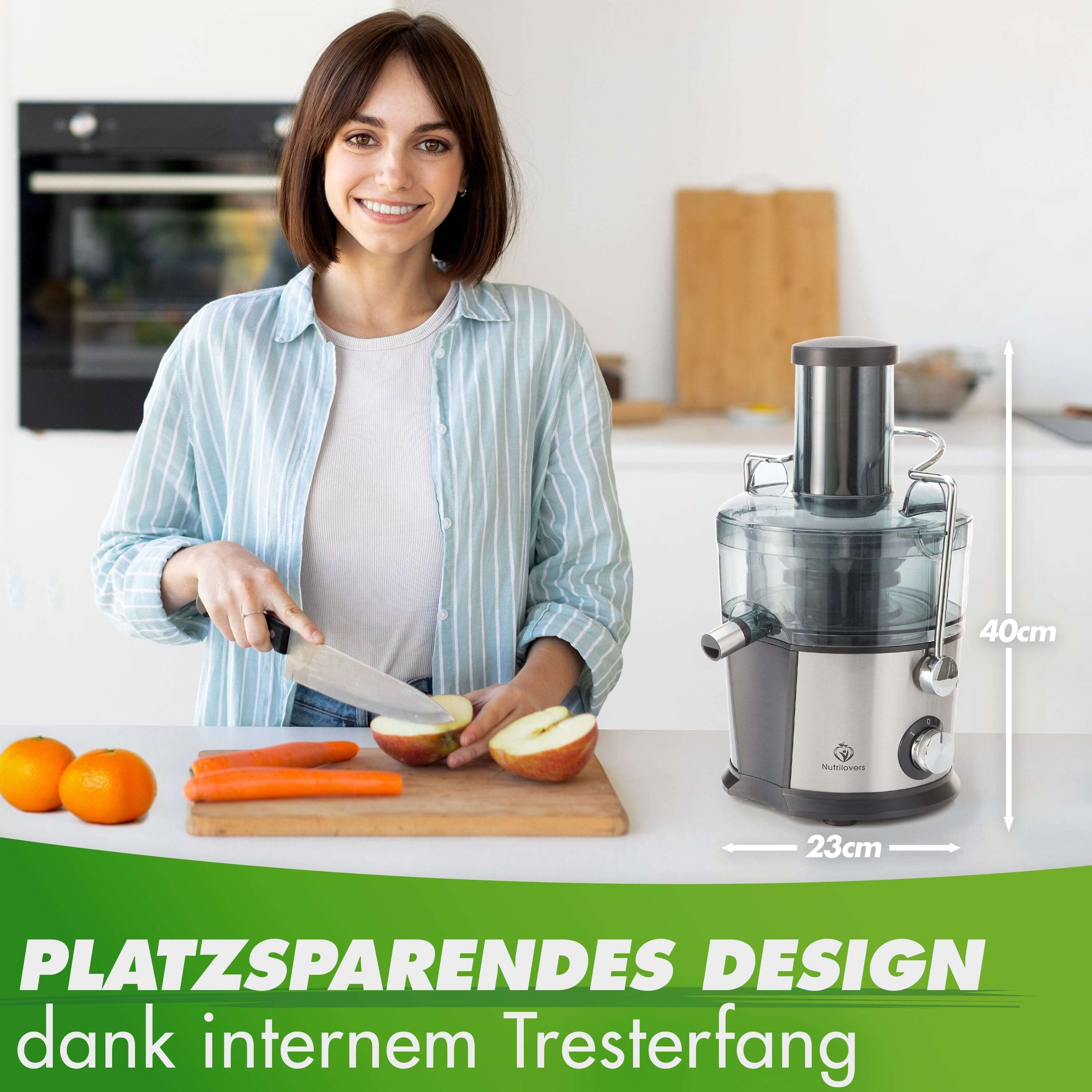 Nutrilovers Zentrifugalentsafter QUICK-JUICER Zentrifugal-Entsafter mit XXL-Einfüllöffnung und Edelstahl-Sieb, 800W, inkl. Trinkflasche + Rezeptbuch WissenWasDrinIst