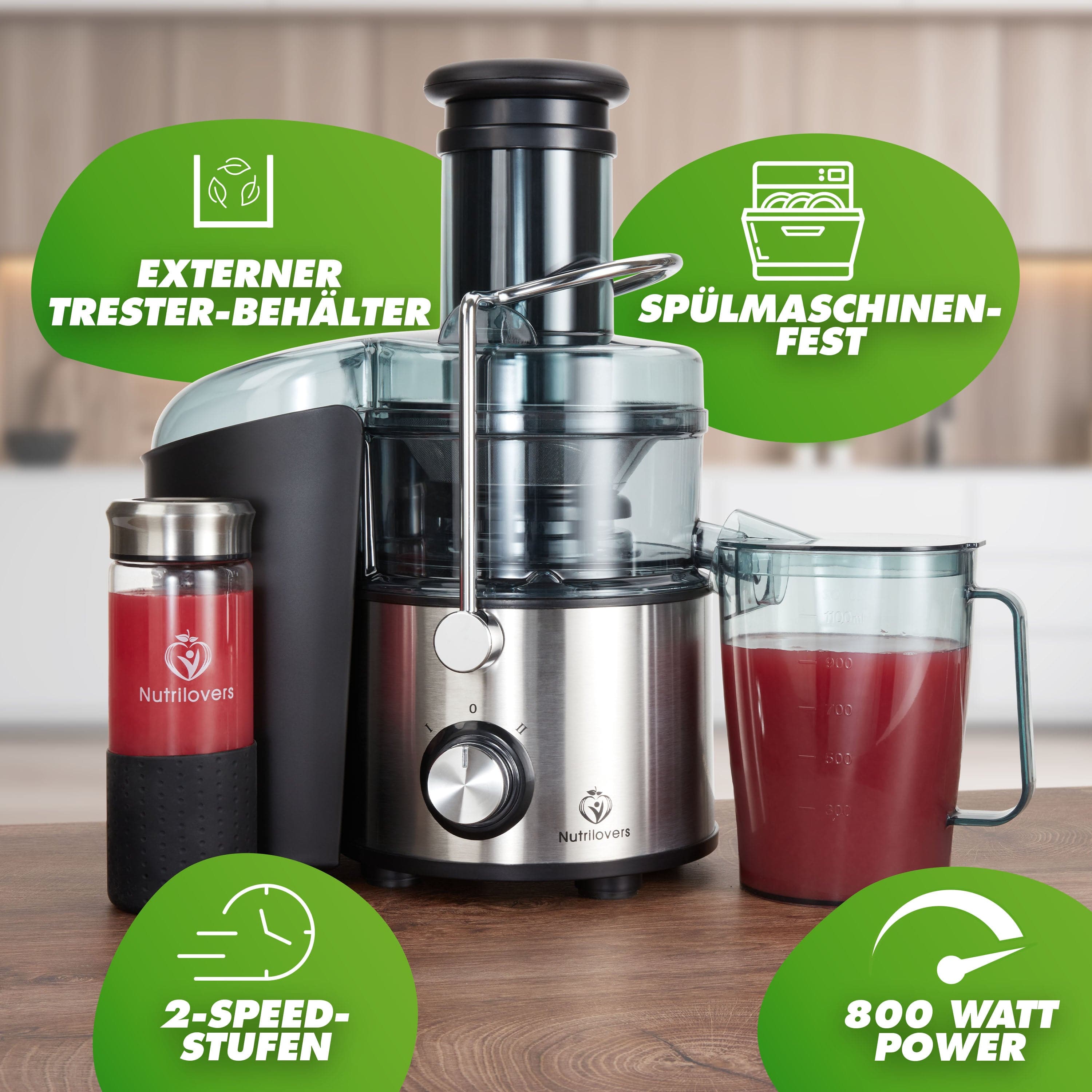 Nutrilovers Zentrifugalentsafter QUICK-JUICER MAX Zentrifugal-Entsafter mit externem Tresterfang + Zubehör WissenWasDrinIst