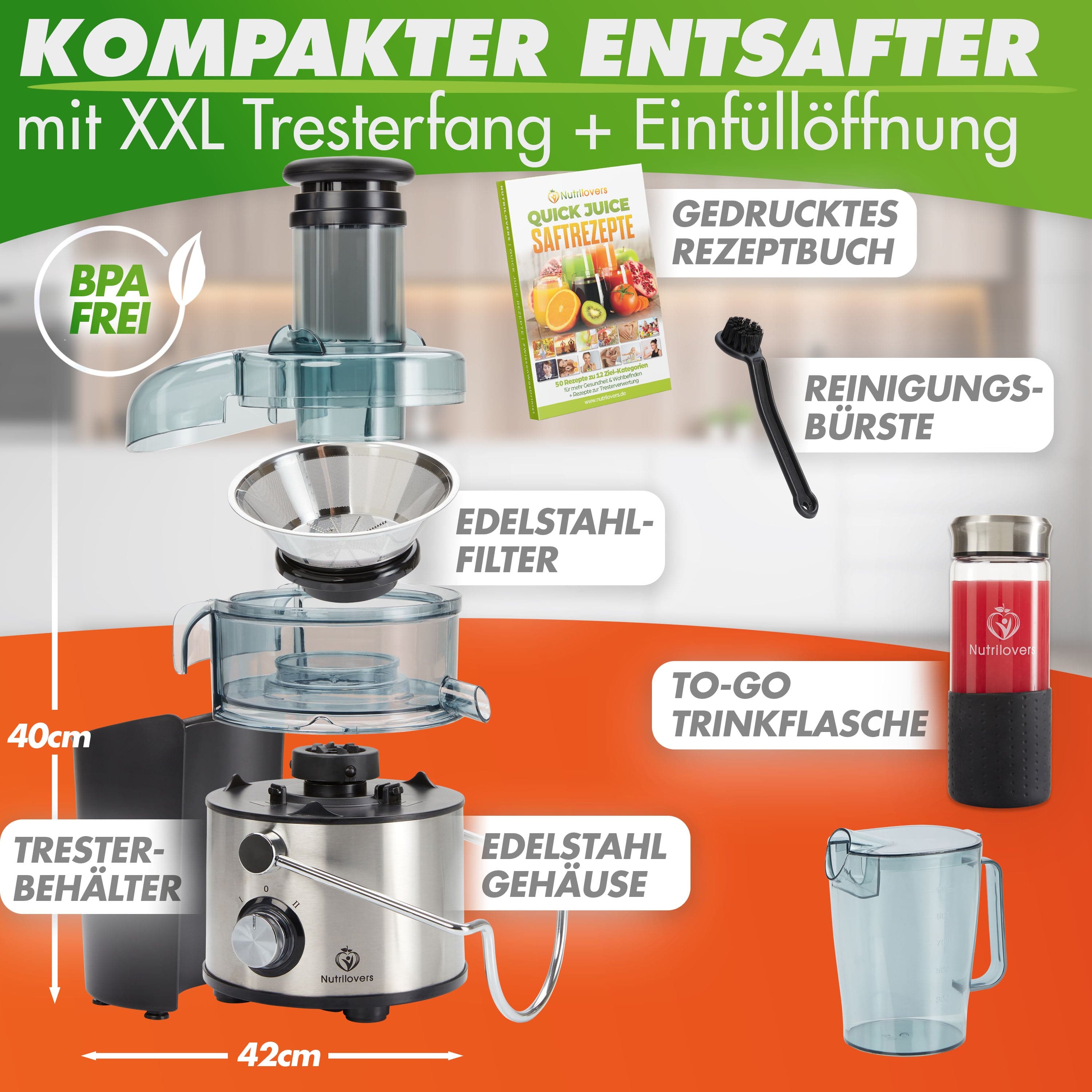 Nutrilovers Zentrifugalentsafter QUICK-JUICER MAX Zentrifugal-Entsafter mit externem Tresterfang + Zubehör WissenWasDrinIst