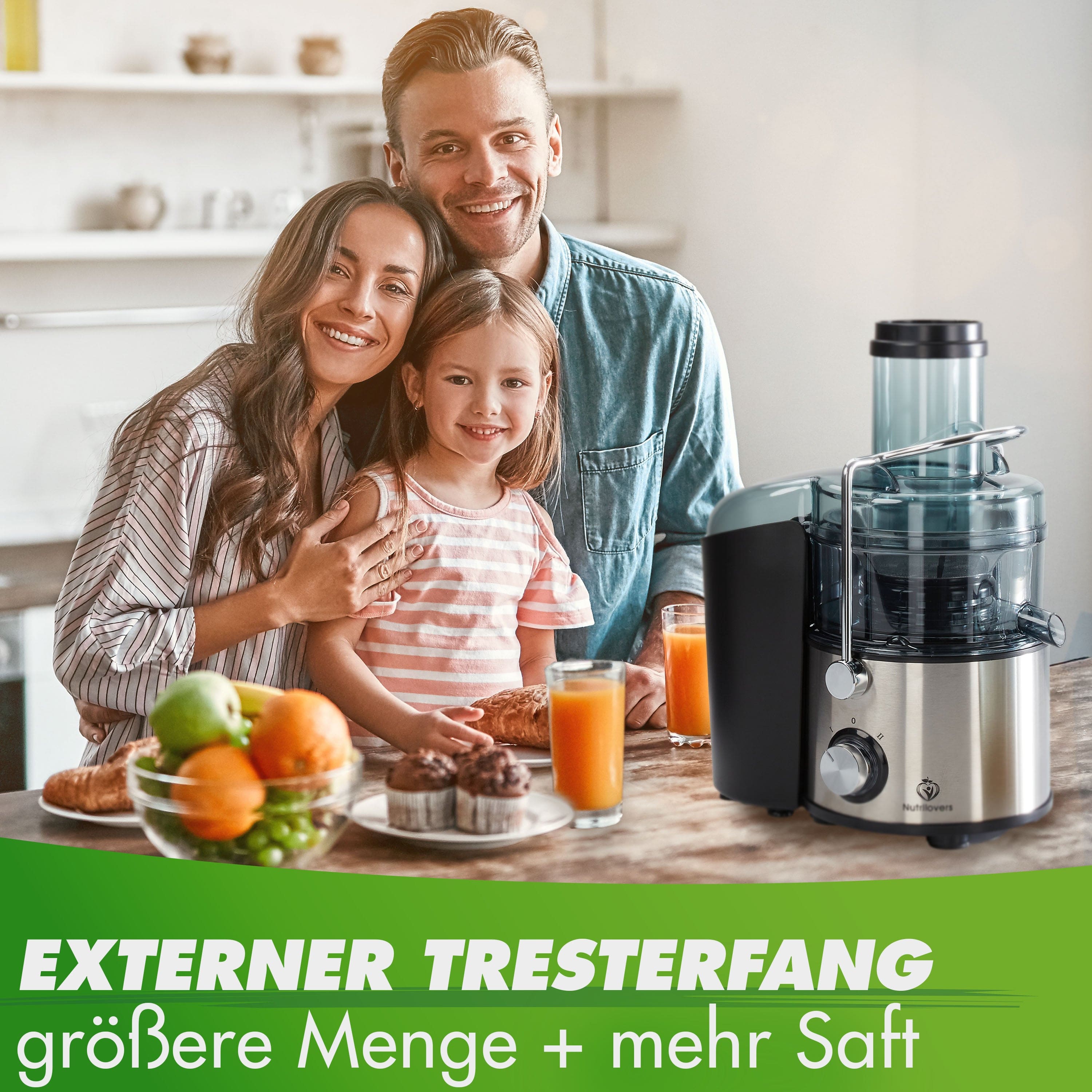 Nutrilovers Zentrifugalentsafter QUICK-JUICER MAX Zentrifugal-Entsafter mit XXL-Einwurf und externem Tresterfang inkl. Saftflasche & Rezeptbuch WissenWasDrinIst