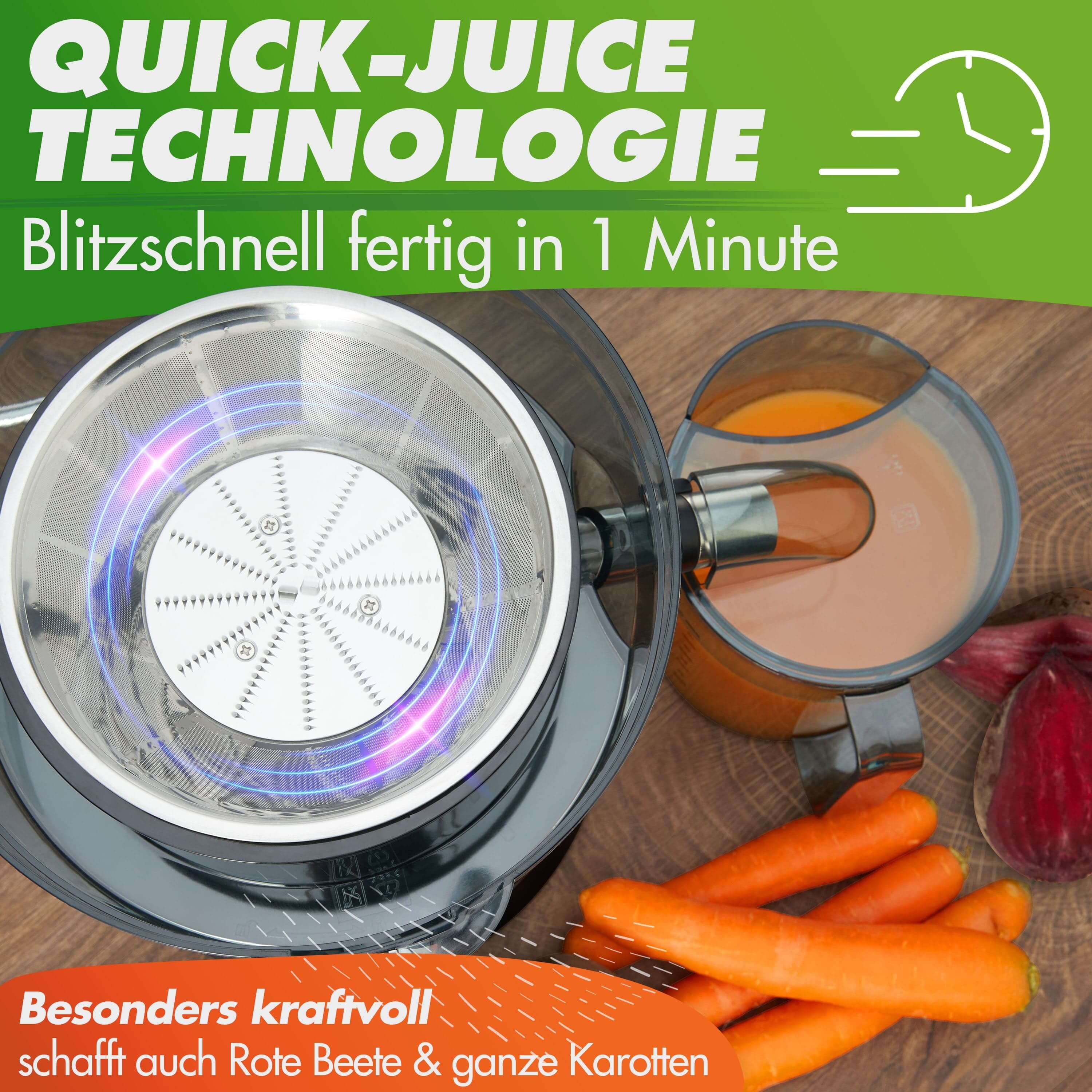 Nutrilovers Zentrifugalentsafter QUICK-JUICER Zentrifugal-Entsafter mit XXL-Einfüllöffnung und Edelstahl-Sieb, 800W, inkl. Trinkflasche + Rezeptbuch WissenWasDrinIst