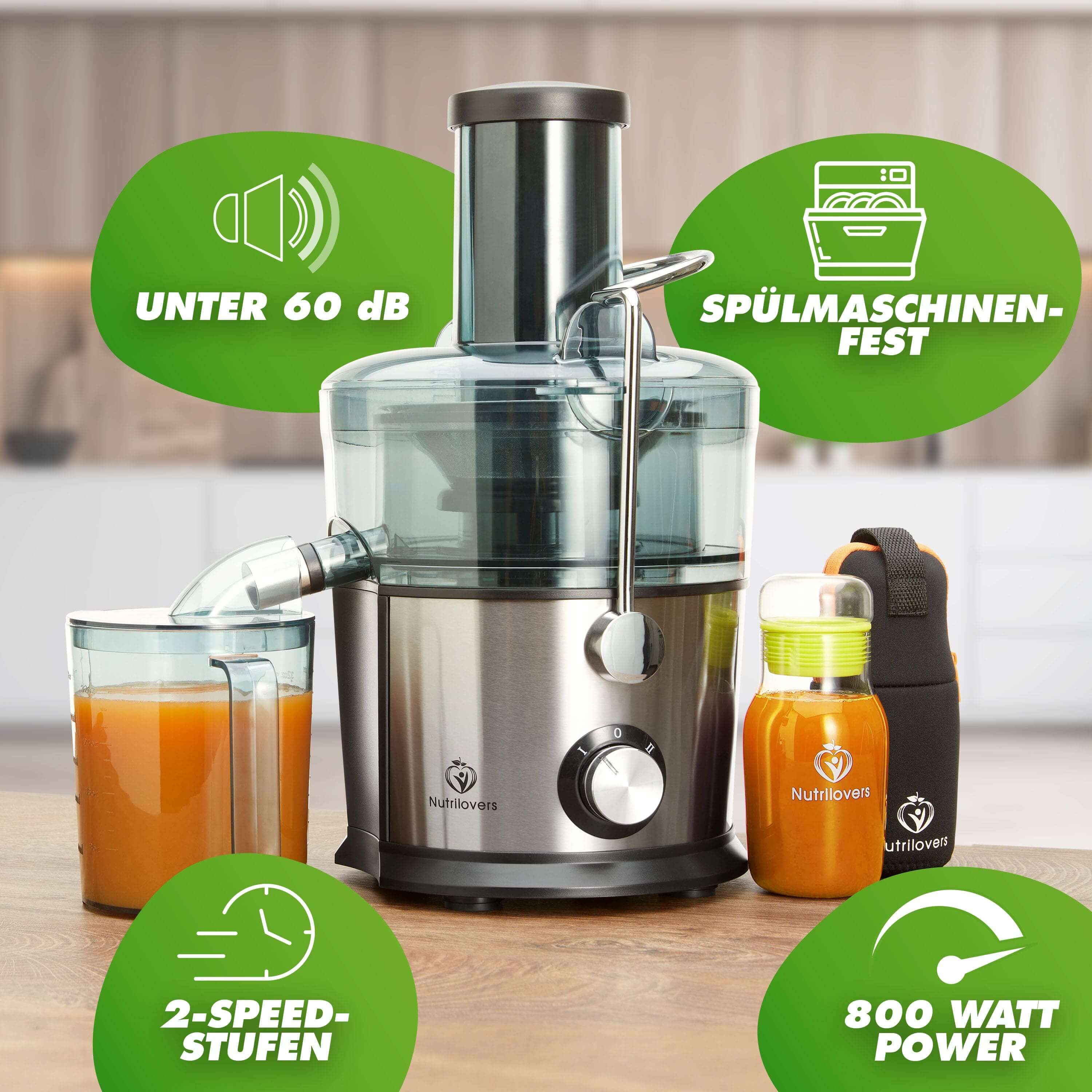 Nutrilovers Zentrifugalentsafter QUICK-JUICER Zentrifugal-Entsafter mit XXL-Einfüllöffnung und Edelstahl-Sieb, 800W, inkl. Trinkflasche + Rezeptbuch WissenWasDrinIst