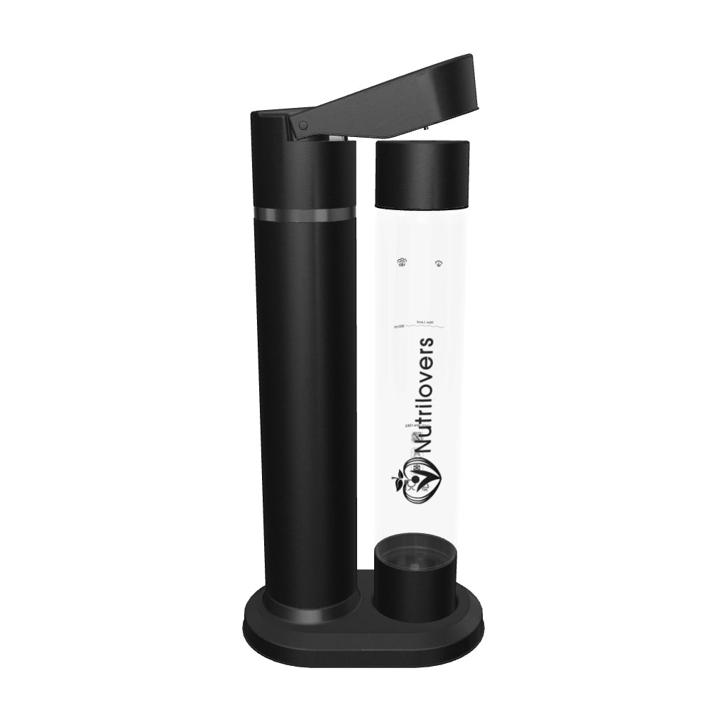Stylische schwarze Wasserflasche mit transparentem Behälter, BPA-frei und für unterwegs geeignet.