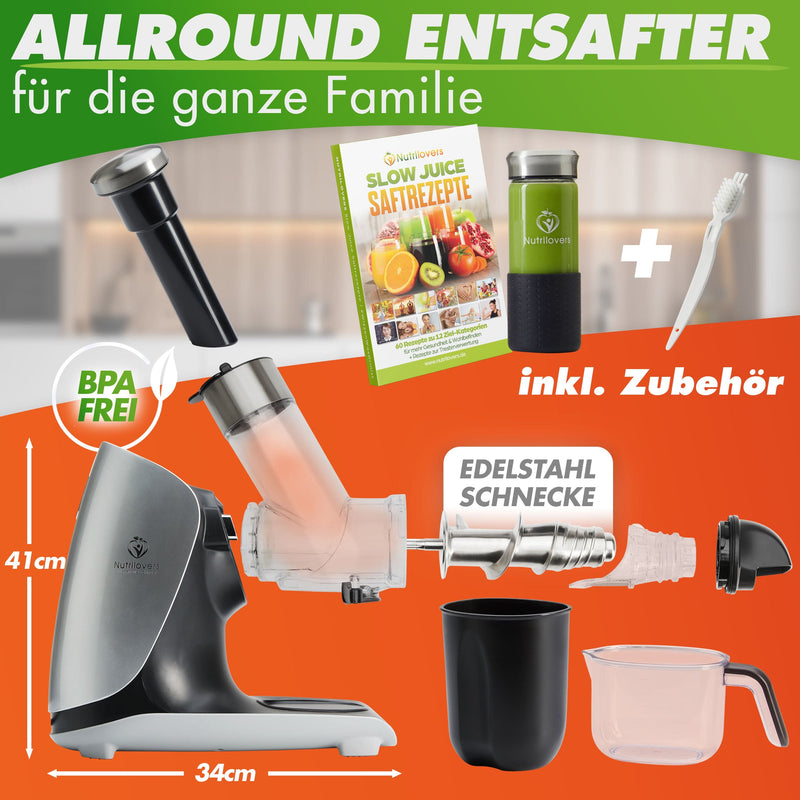 Nutrilovers GREEN-PRESS MAX EDELSTAHL (B) Entsafter Slow Juicer mit Edelstahl-Pressschnecke