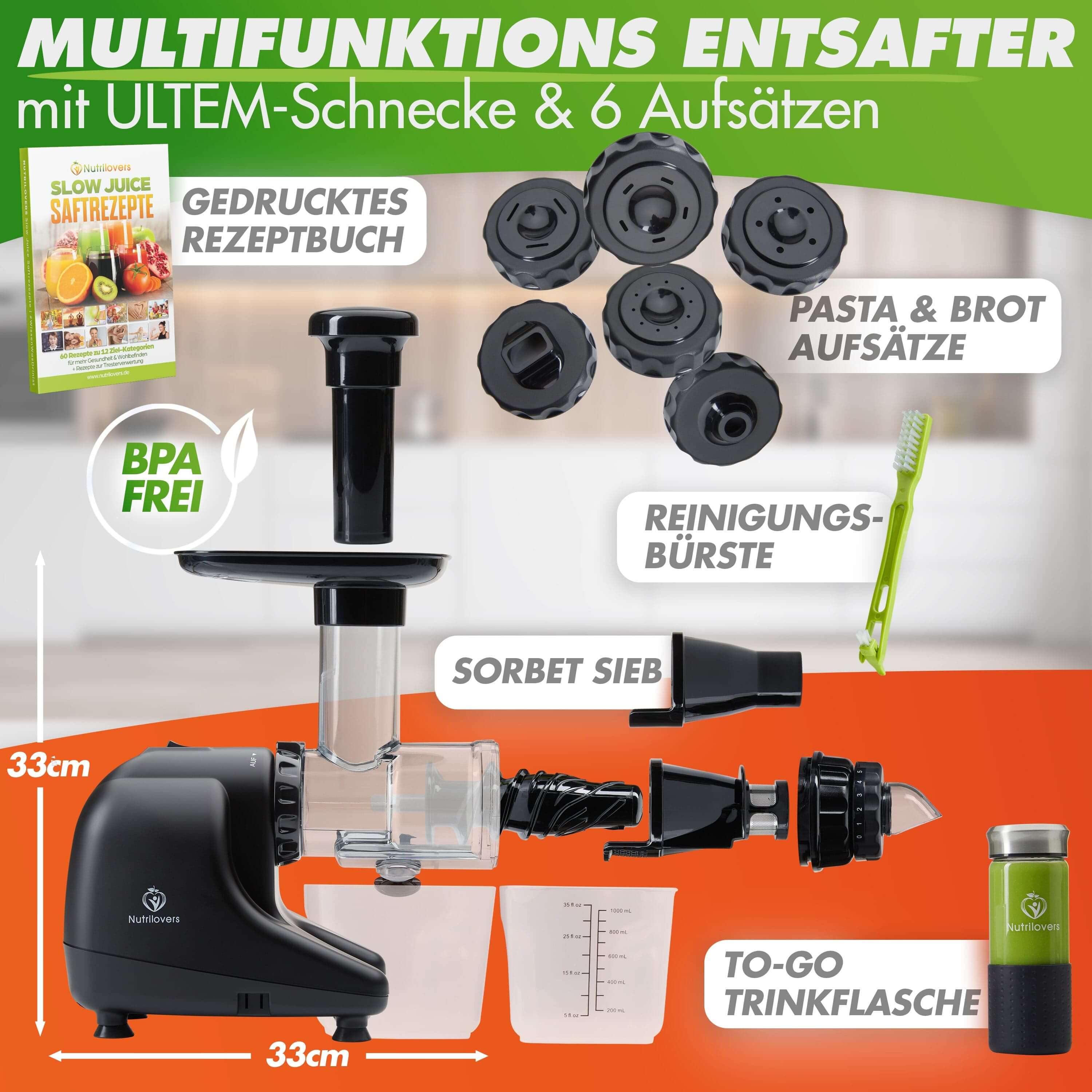 Nutrilovers MULTI-PRESS (B) Black - Profi Slow Juicer mit 6+1 Multi-Aufsätzen für Saft, Pasta, Brot  & Sorbet