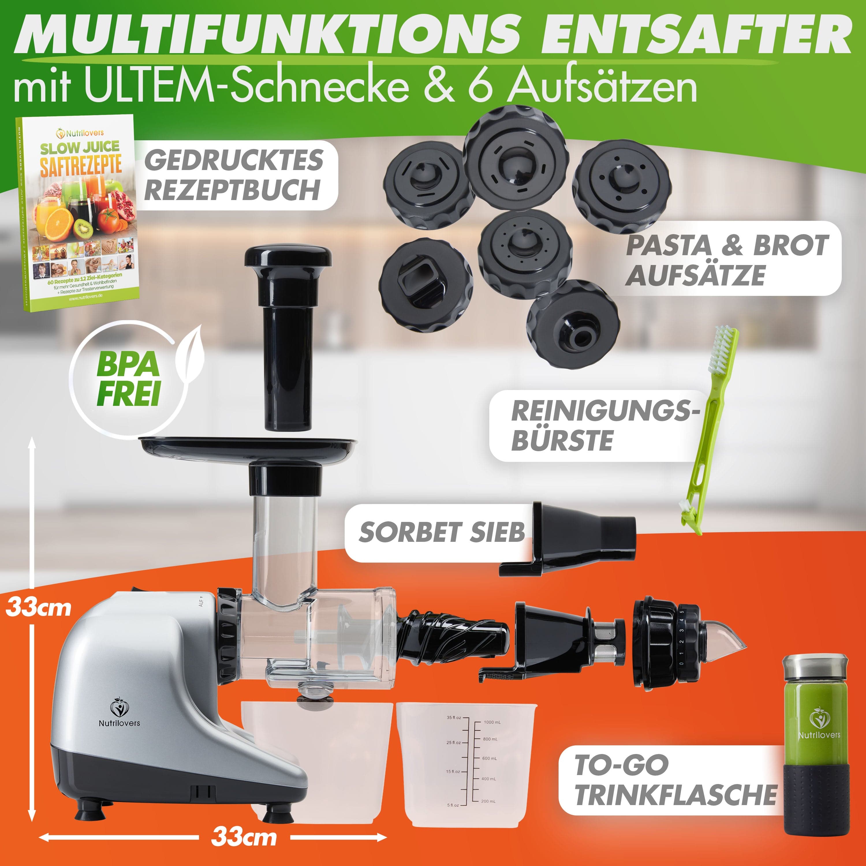 Nutrilovers MULTI-PRESS (B) Silver - Profi Slow Juicer mit 6+1 Multi-Aufsätzen für Saft, Pasta, Brot  & Sorbet