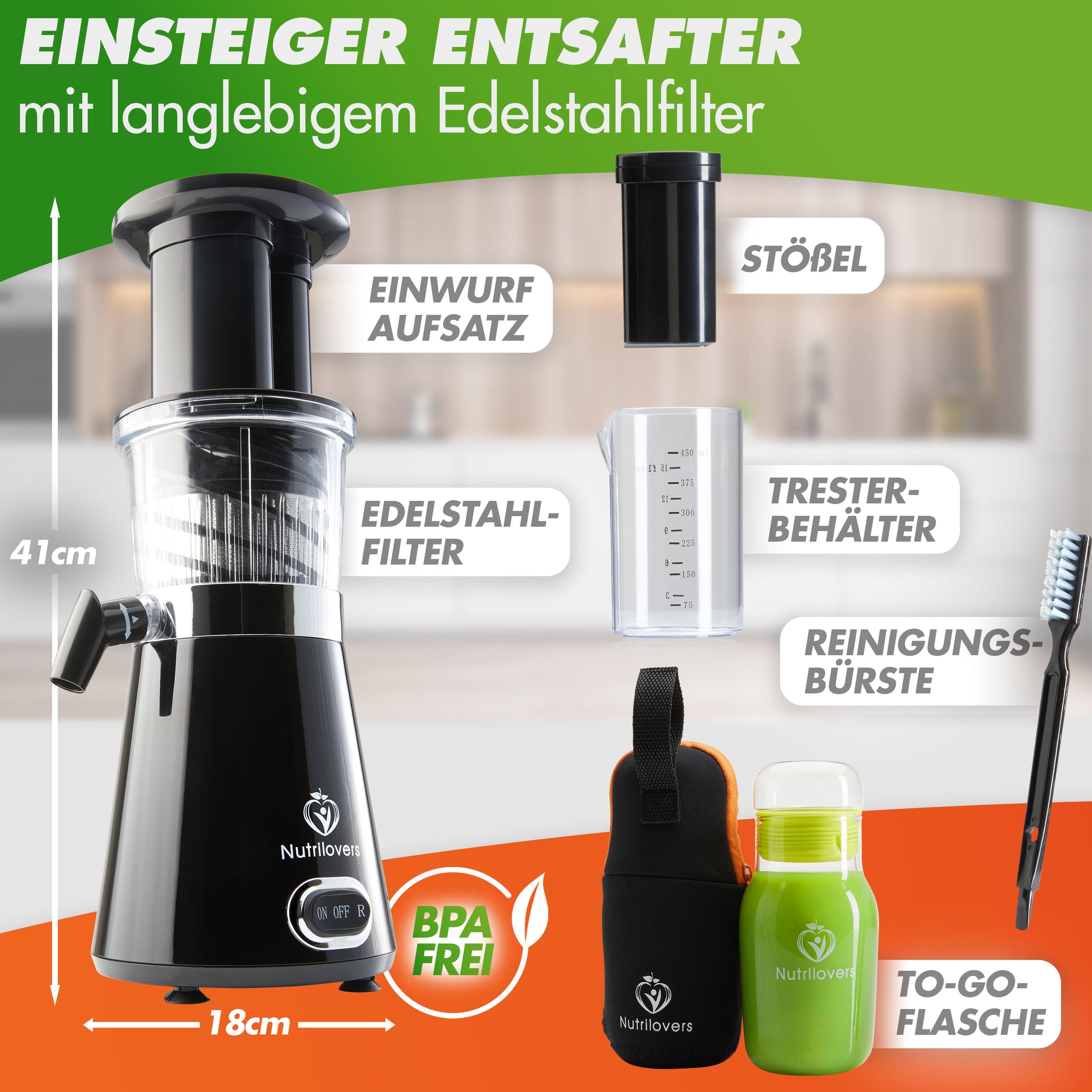 Nutrilovers NUTRI-PRESS (B) Black Pepper Slow Juicer für Einsteiger | BPA-Frei