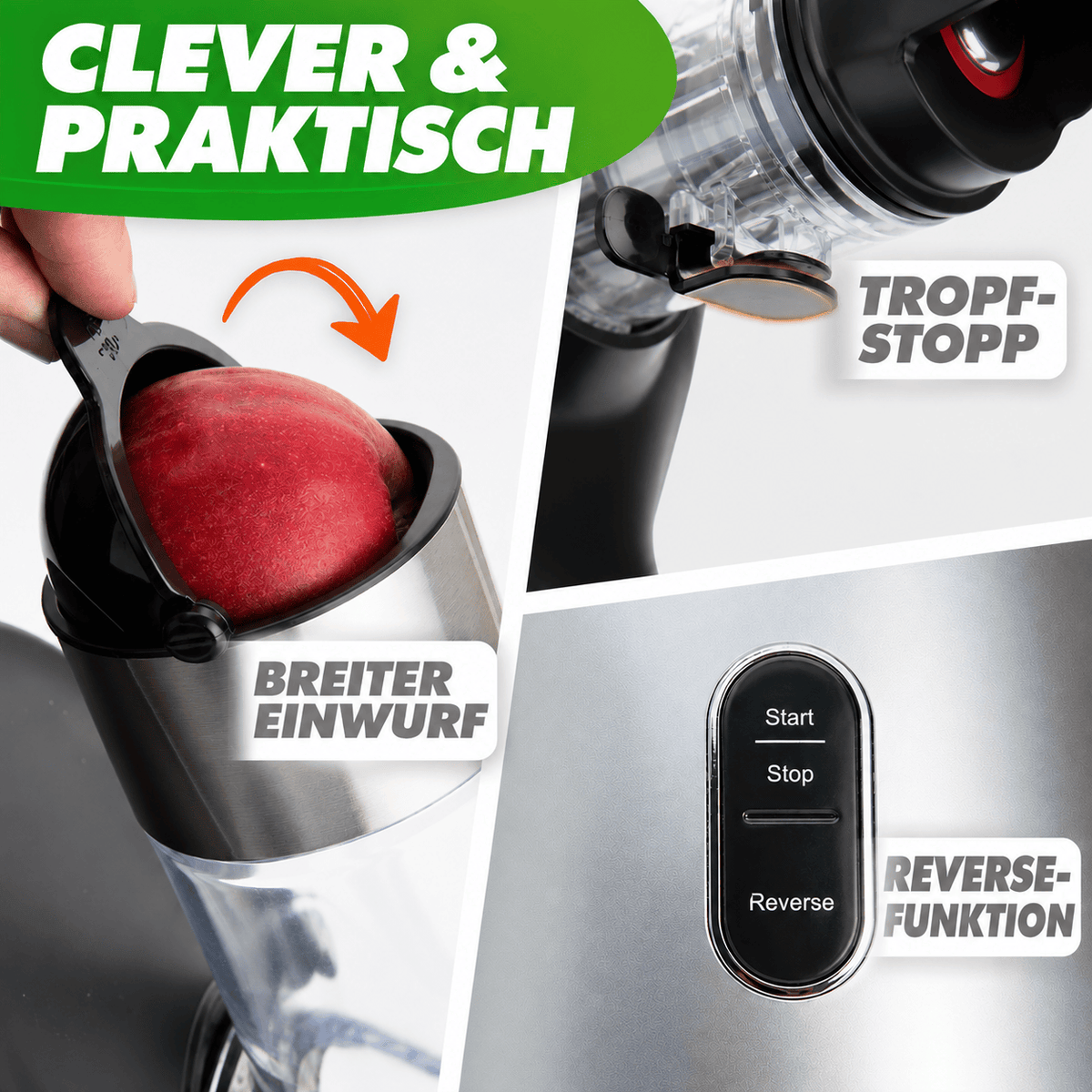 Nutrilovers Slow Juicer GREEN-PRESS MAX EDELSTAHL Entsafter mit Edelstahl-Schnecke Silber / Edelstahl