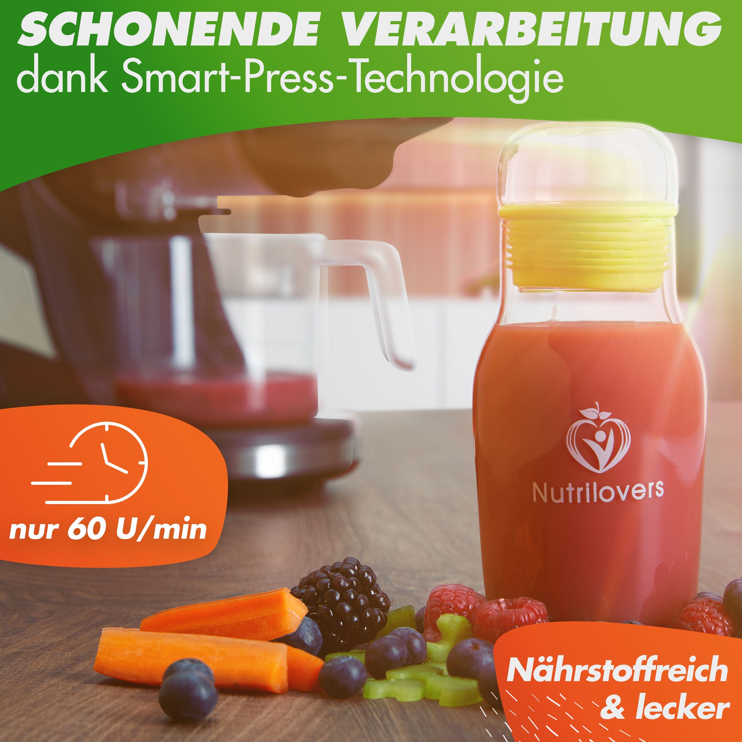 Nährstoffreiche Saftflasche in Orange, 60 U/min, Smart-Press-Technologie von Nutrilovers, gesunde Zutaten.