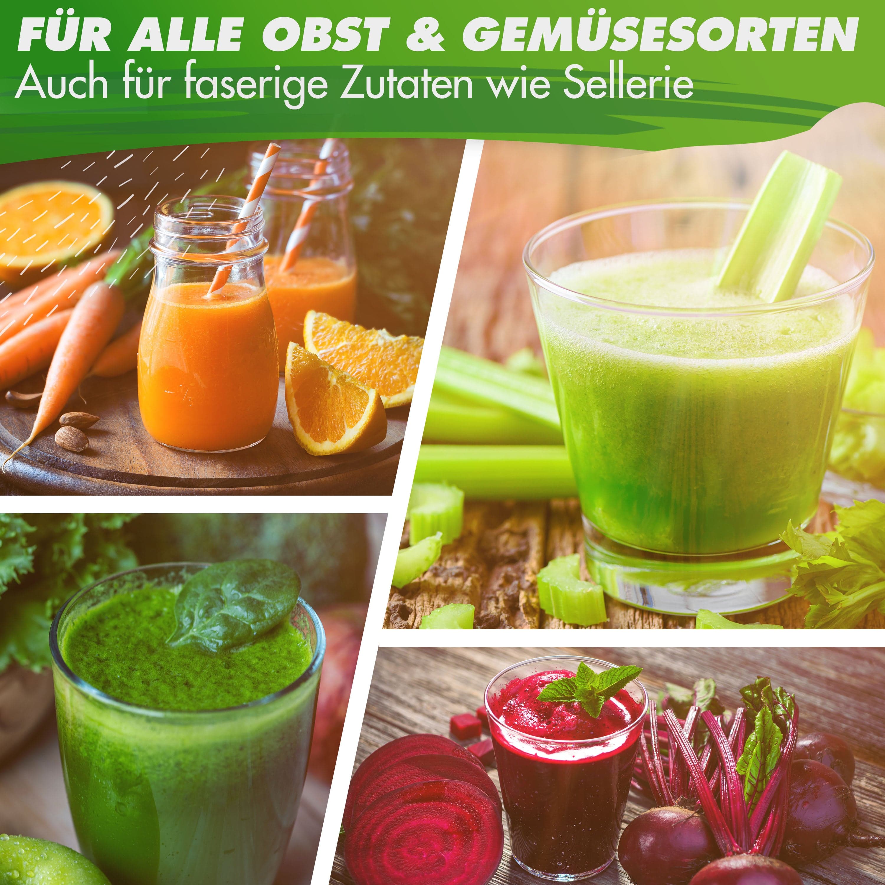 Frische Obst- und Gemüsesäfte aus Karotten, Sellerie und Rote Beete in verschiedenen Gläsern.