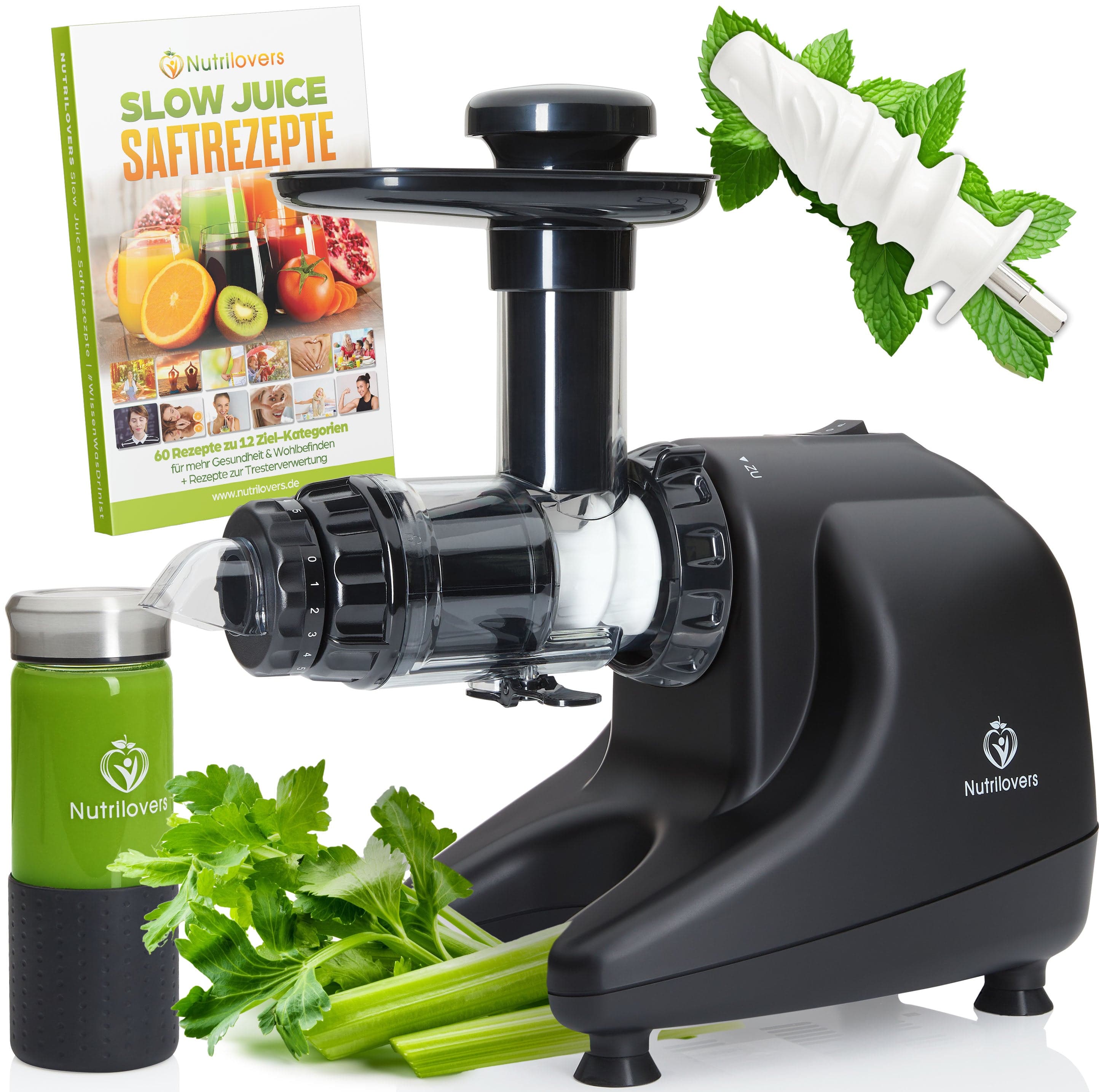 Slow Juicer in Schwarz, aus BPA-freiem Material, inklusive Rezeptbuch und Zubehör für gesunde Säfte.