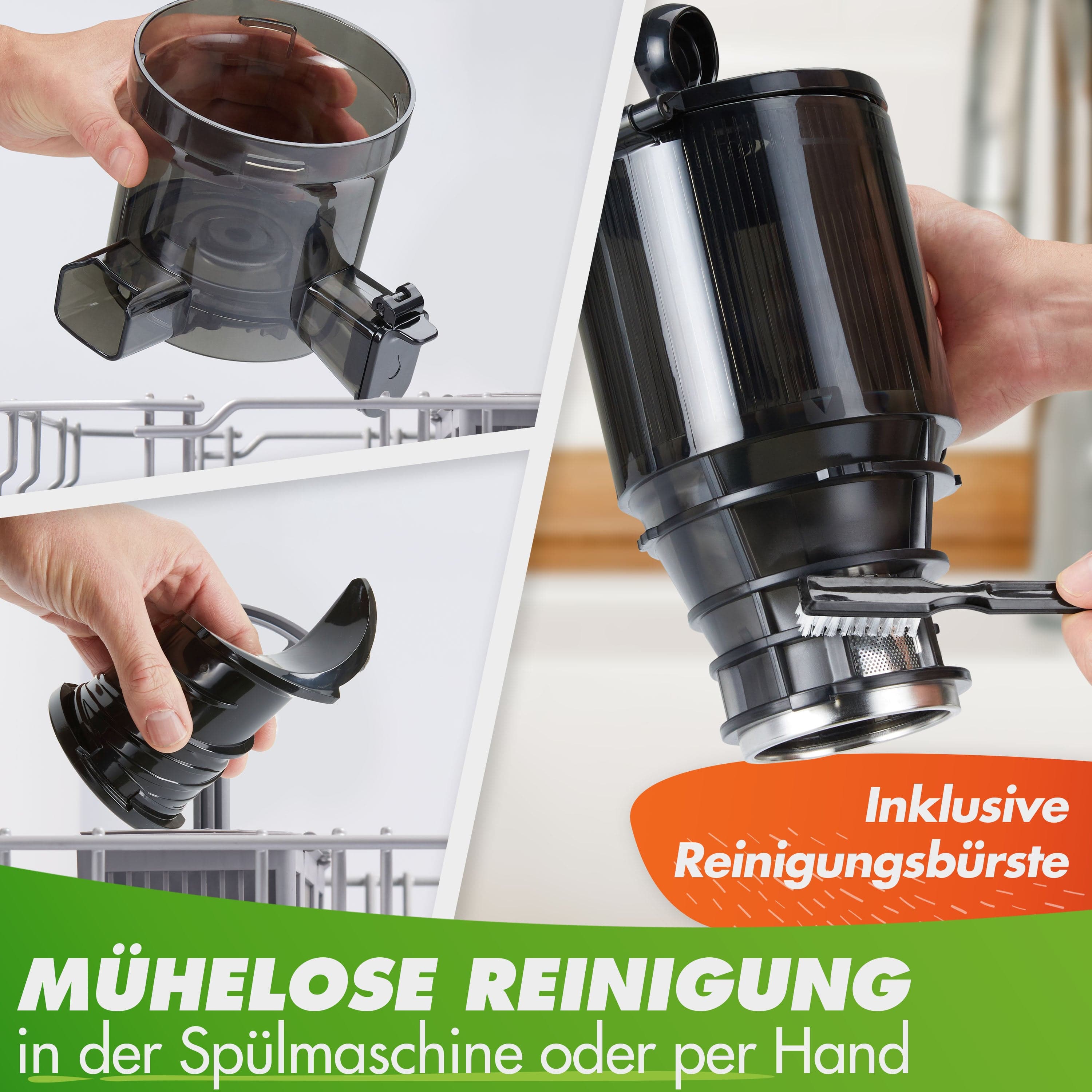 Schwarzer Reinigungskubus für Spülmaschinen, mit Reinigungsbürste, einfache Handhabung.