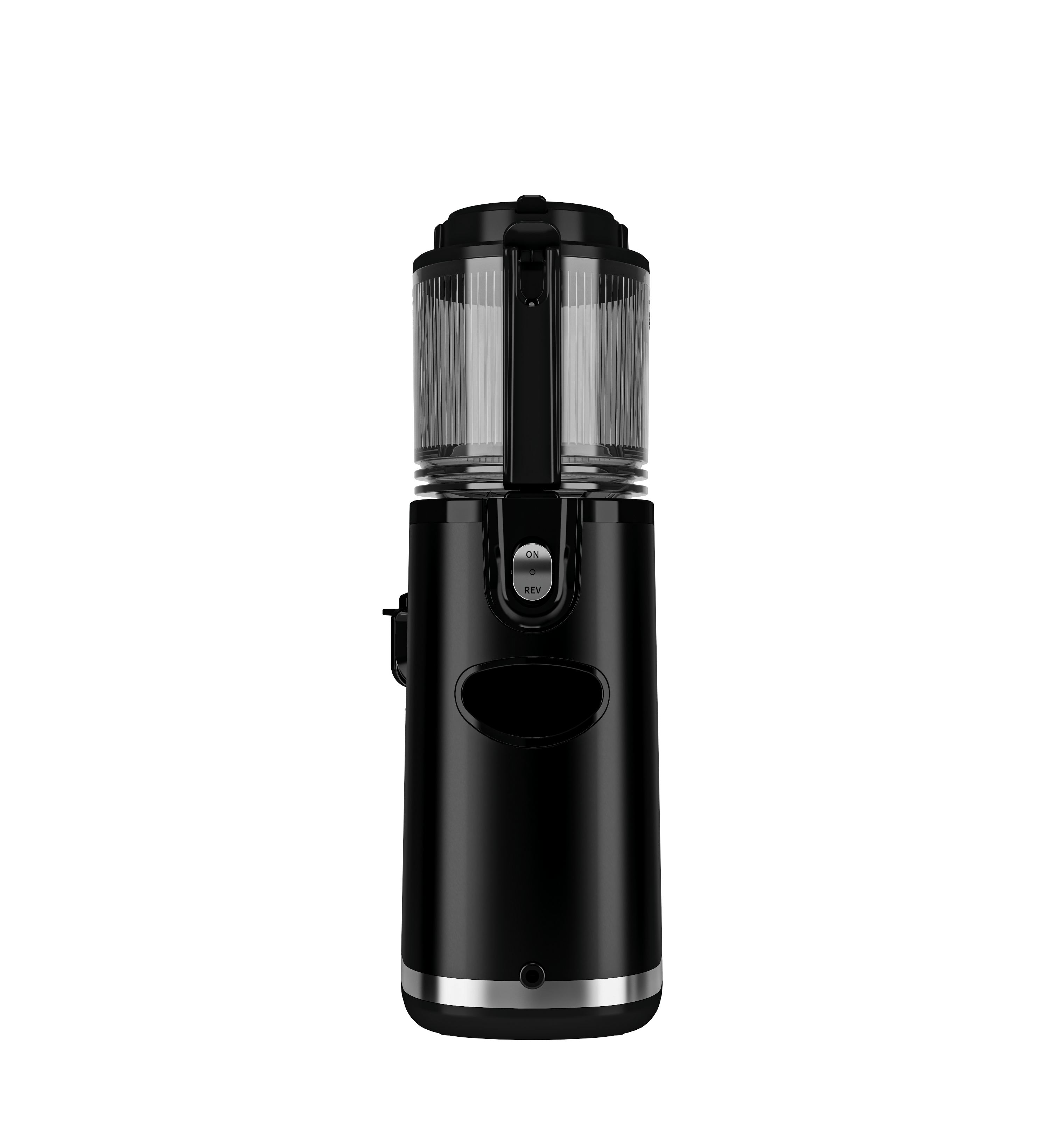 Schwarzer elektrischer Mixer mit transparentem Behälter und ON/OFF-Tasten für einfache Bedienung.