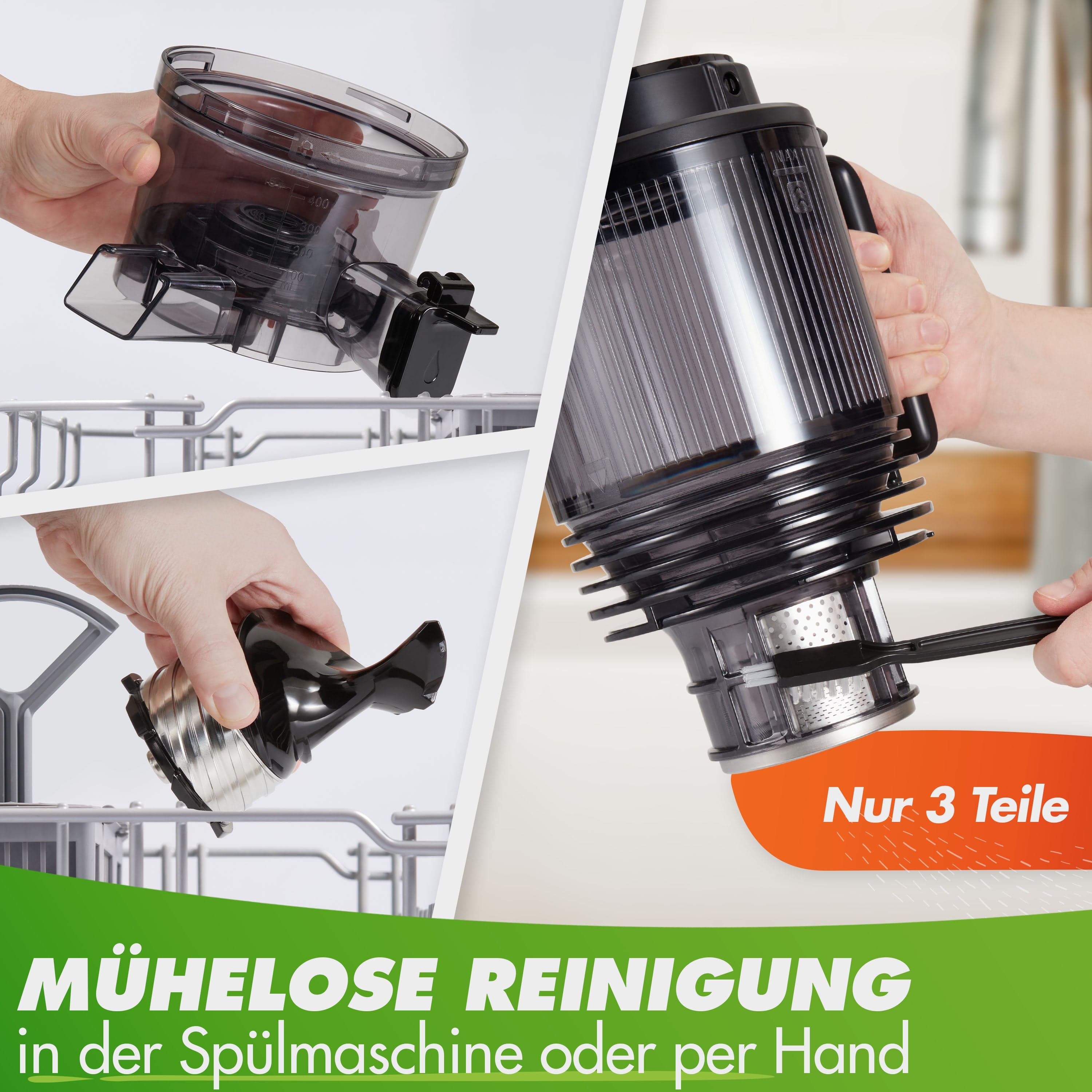 Schwarzer Küchenhelfer, leicht zerlegbar, spülmaschinenfest, aus hochwertigem Kunststoff, mühelos zu reinigen.