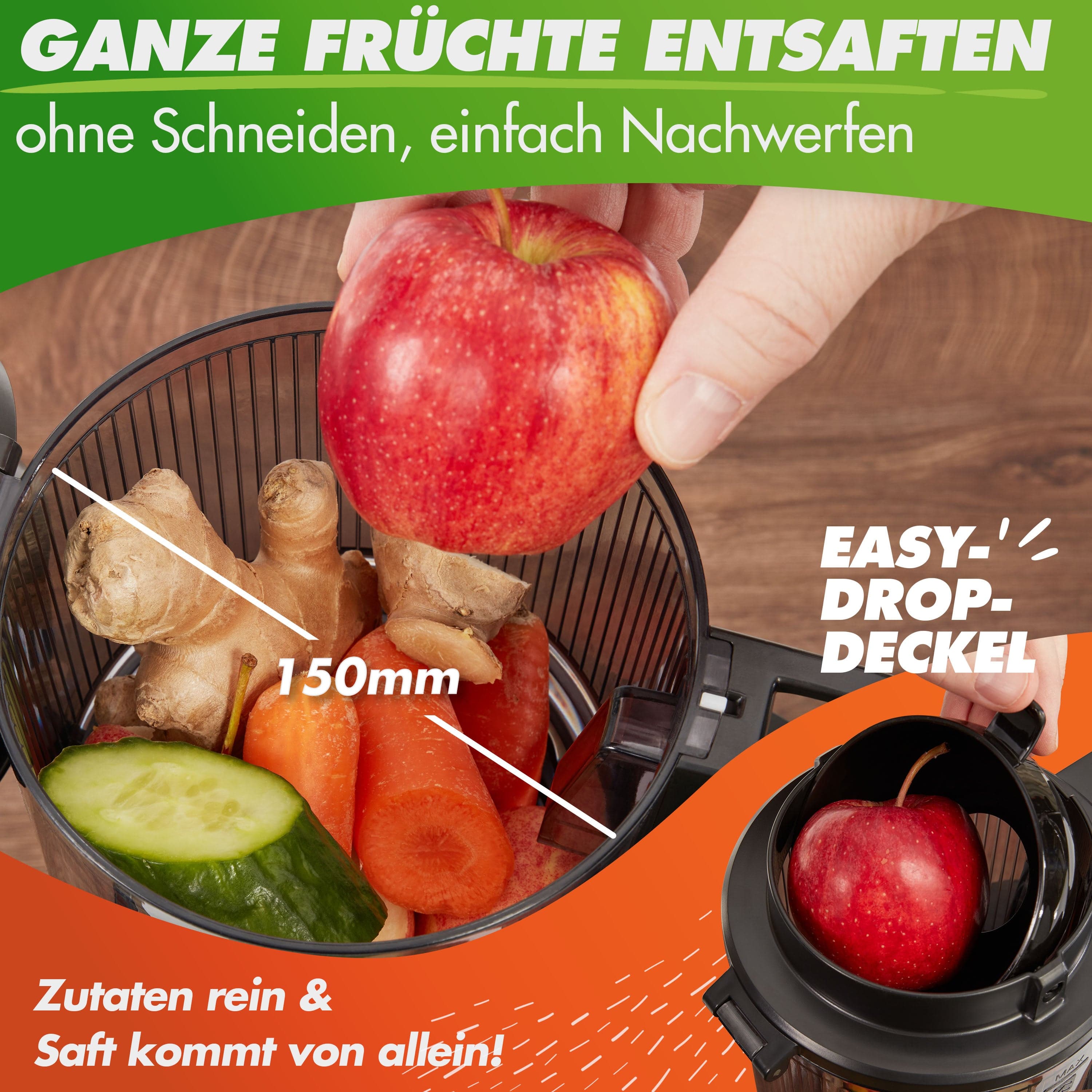 Saftpresse für ganze Früchte, rot, mit Easy-Drop-Deckel, für einfache Saftgewinnung ohne Schneiden.