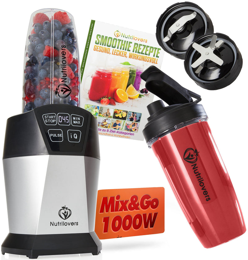 Nutrilovers NUTRI-BLENDER (B) Smoothie-Maker to go 1000 Watt Mini-Mixer mit Auto-IQ, BPA-frei, Inkl. Rezeptbuch, 2x Becher und To go Deckel