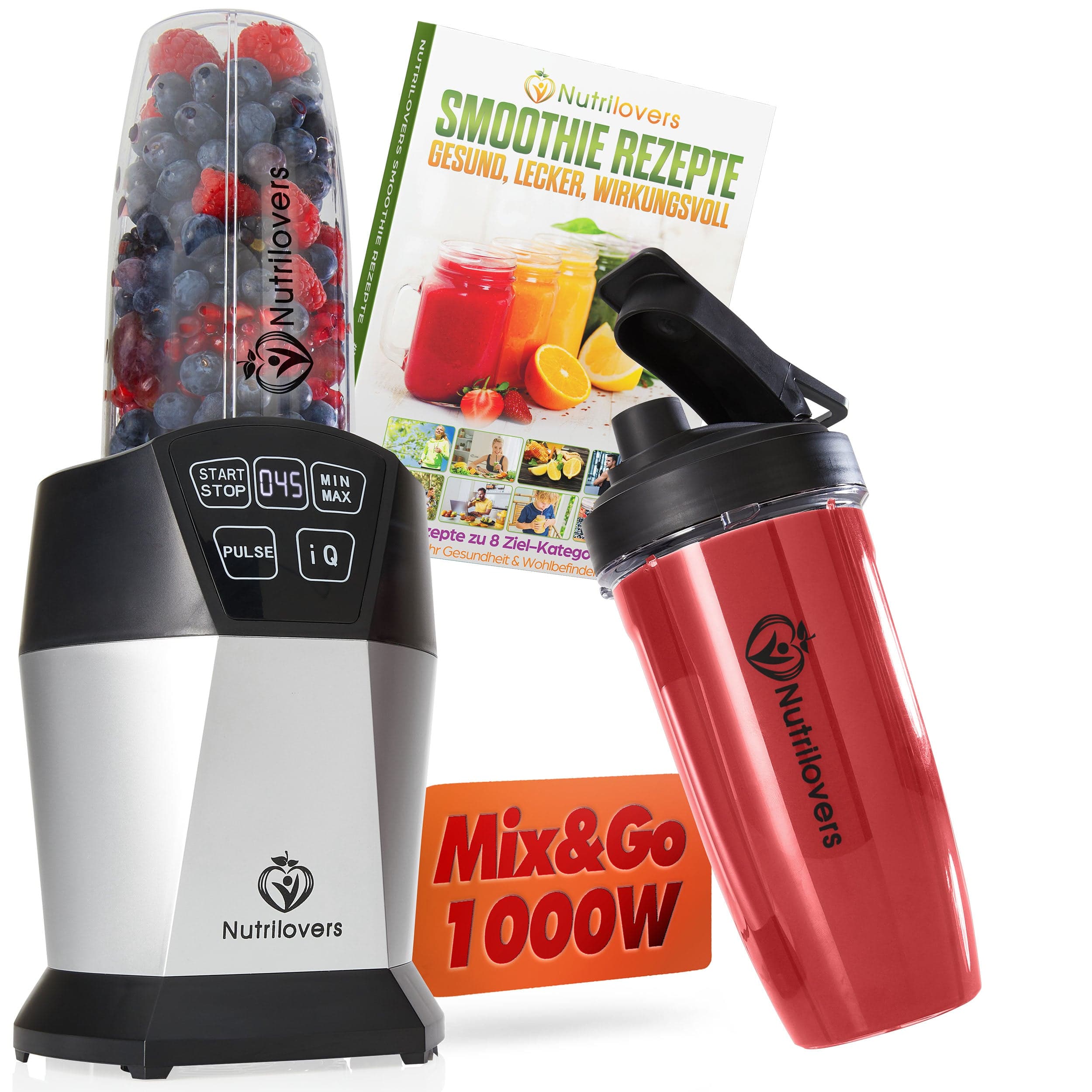 Nutrilovers Mix&Go 1000W Mixer mit rotem Shakebecher und Smoothie Rezeptbuch für leckere und gesunde Getränke.