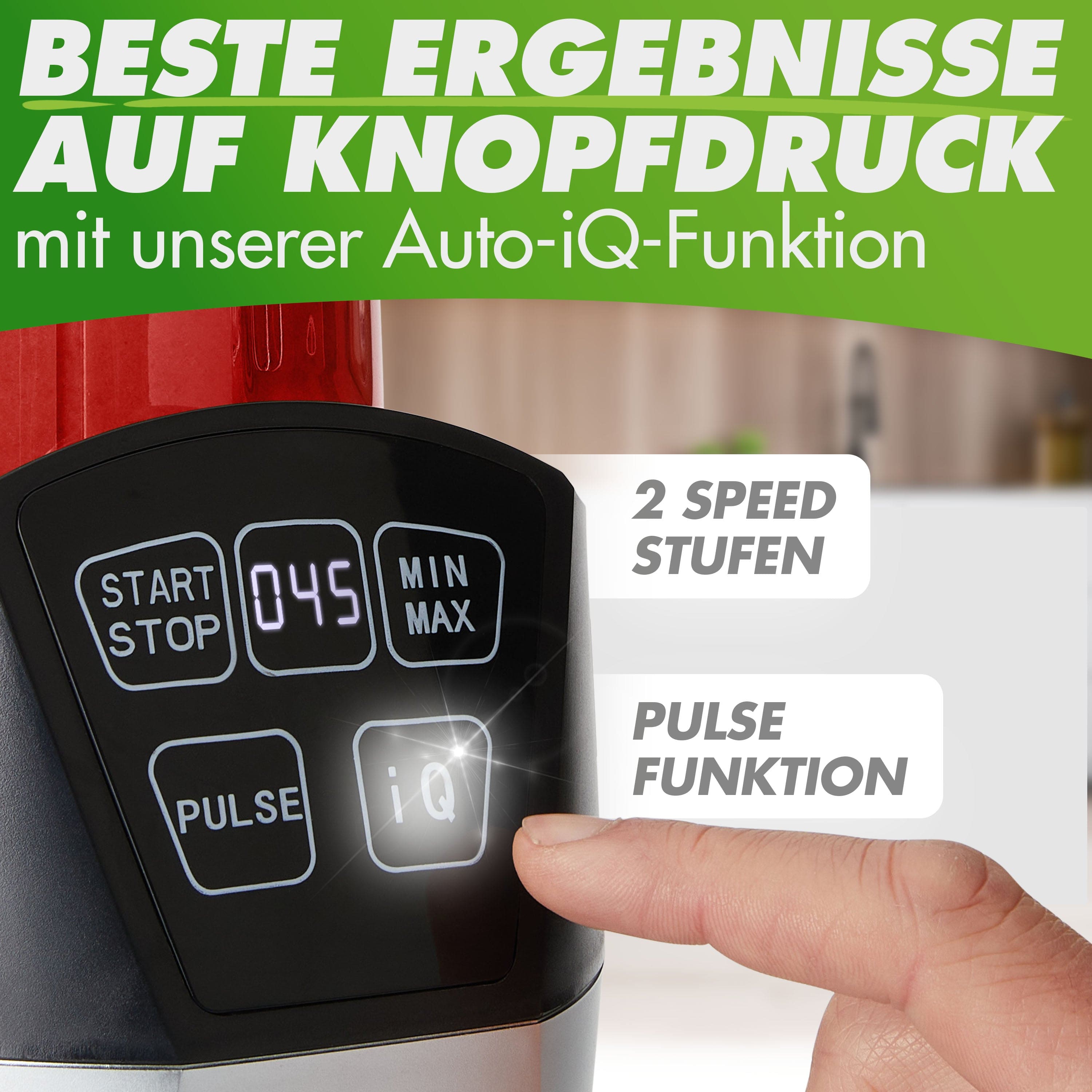 Küchenmaschine mit Auto-iQ-Funktion, 2 Geschwindigkeitsstufen und Pulsfunktion, modernes Design.