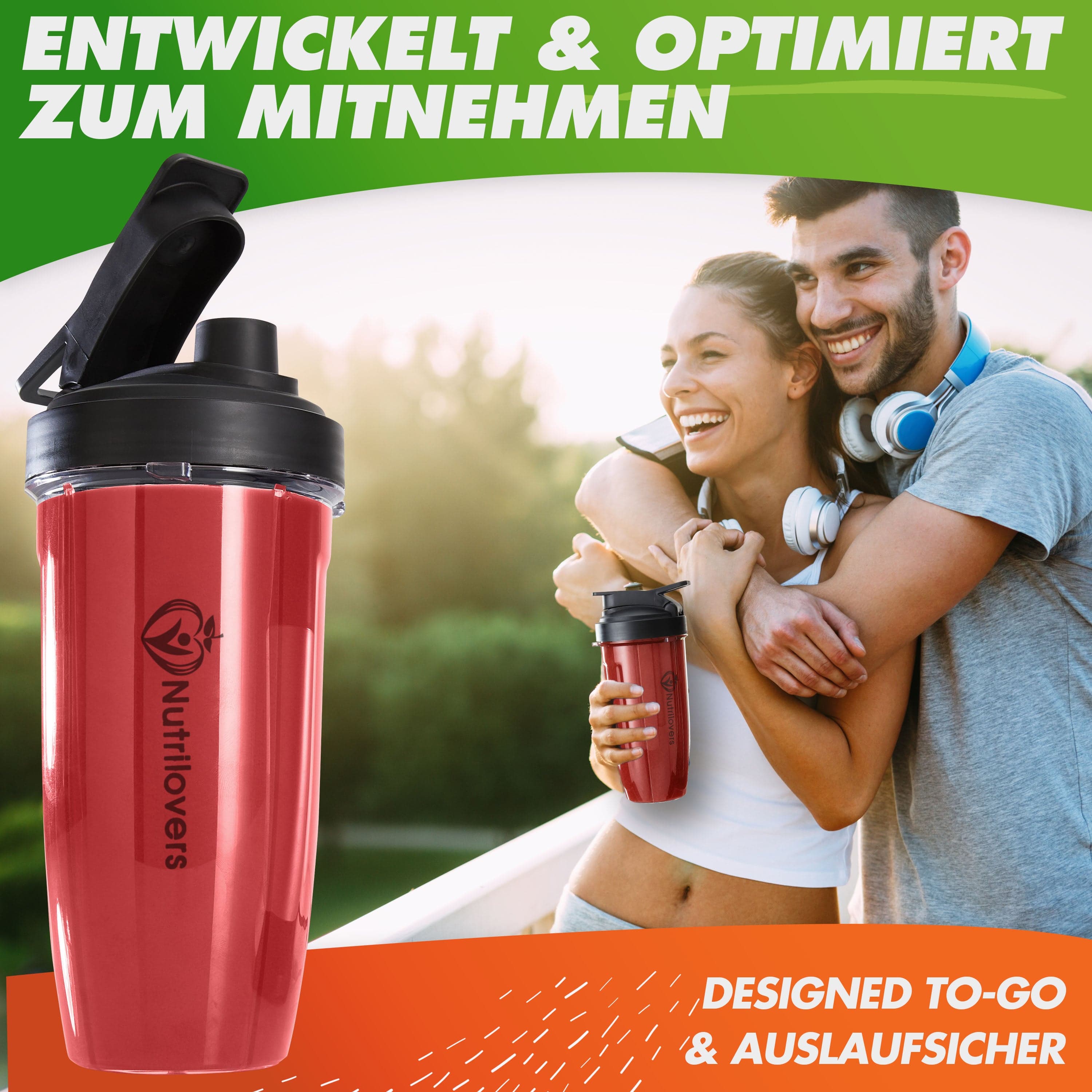Roter Shaker von Nutrilovers, auslaufsicher, optimal für unterwegs, ideal für Fitness und Smoothies.