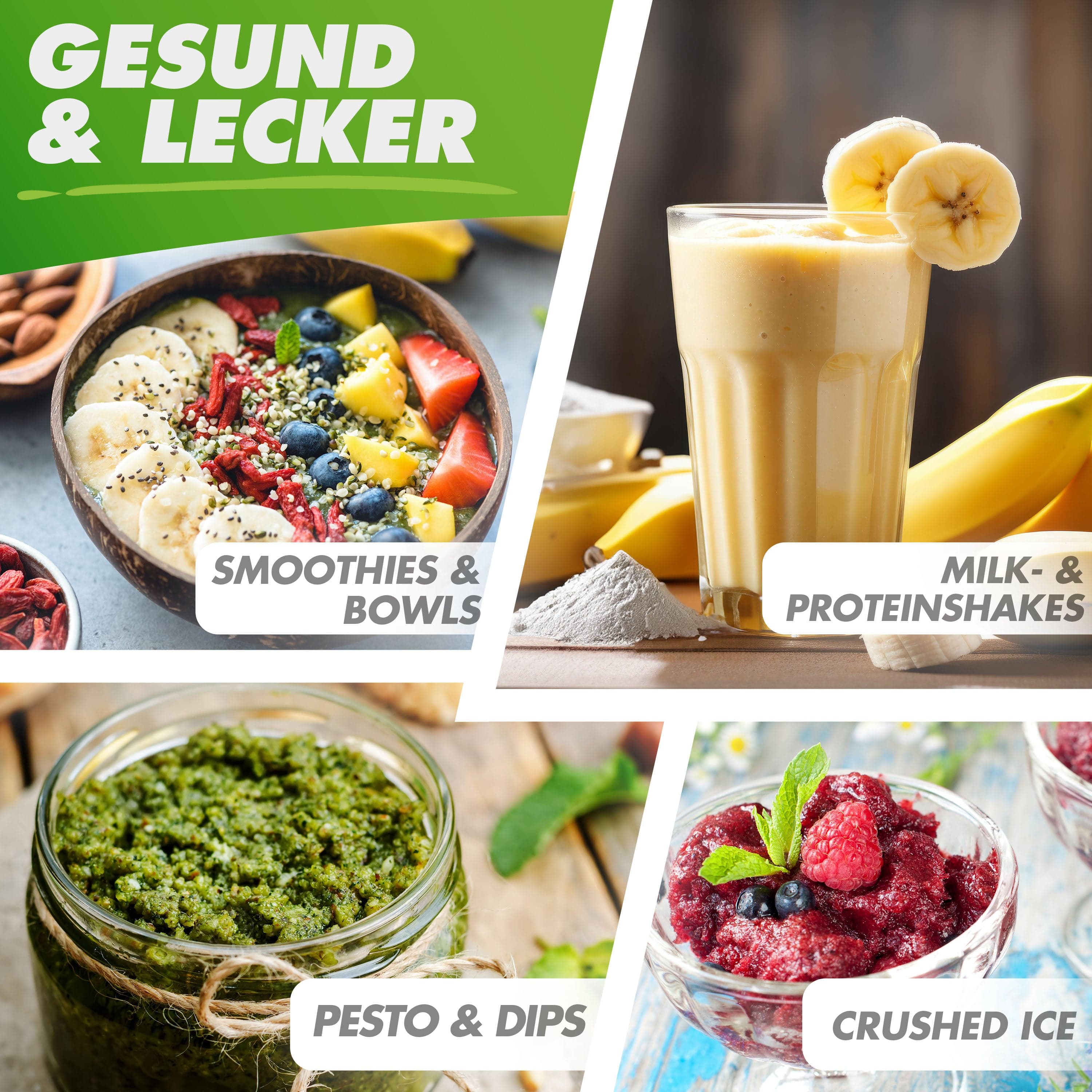 Gesunde Smoothies, Proteinshakes, Pesto und Crushed Ice in bunten Schalen und Gläsern.