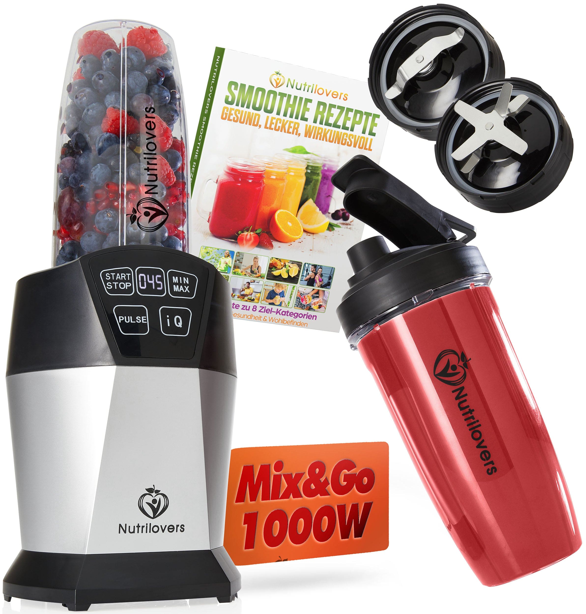 Nutriblovers Mixer 1000W in Silber mit rotem Shaker und Smoothie-Rezeptsammlung