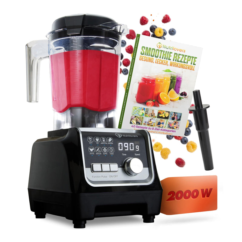 Hochleistungsstandmixer mit 2000 W, transparente Mischung, inklusive Smoothie-Rezeptbuch für gesunde Getränke.
