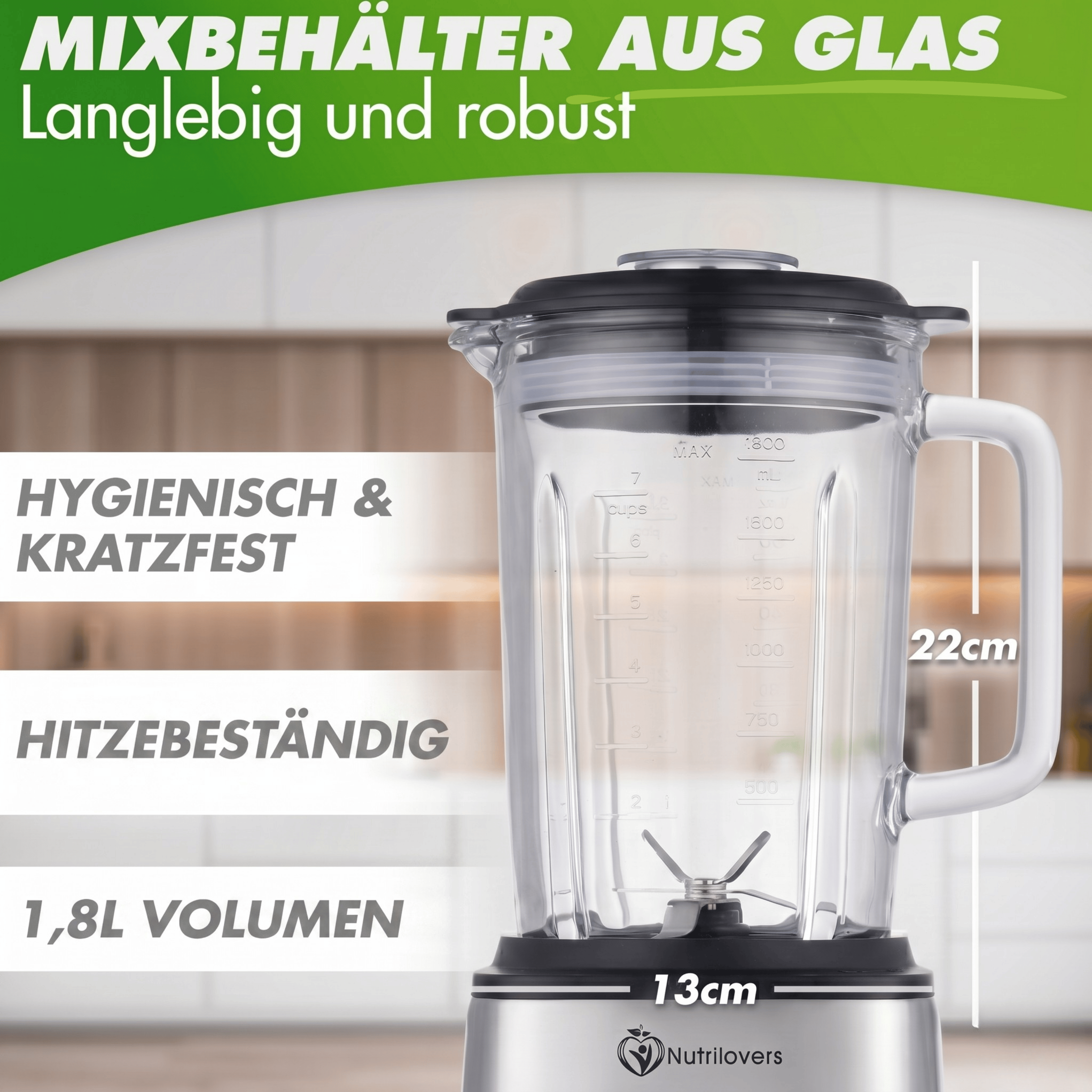 Nutrilovers Standmixer Glas NUTRI-BLENDER GLAS+ Hochleistungsmixer mit Glasbehälter 1800W Edelstahl (Silber)