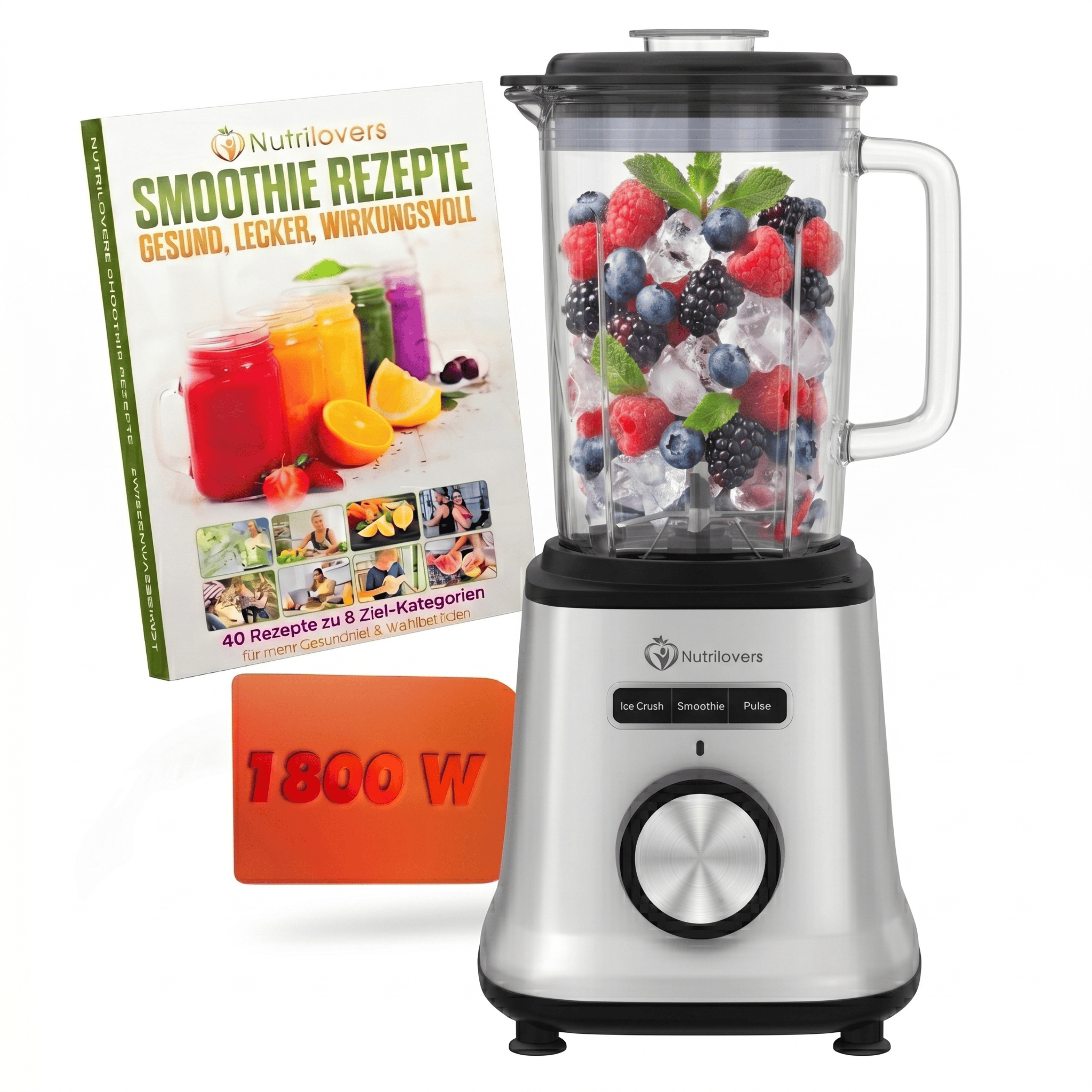 Nutrilovers Standmixer Glas NUTRI-BLENDER GLAS+ Hochleistungsmixer mit Glasbehälter 1800W Edelstahl (Silber)