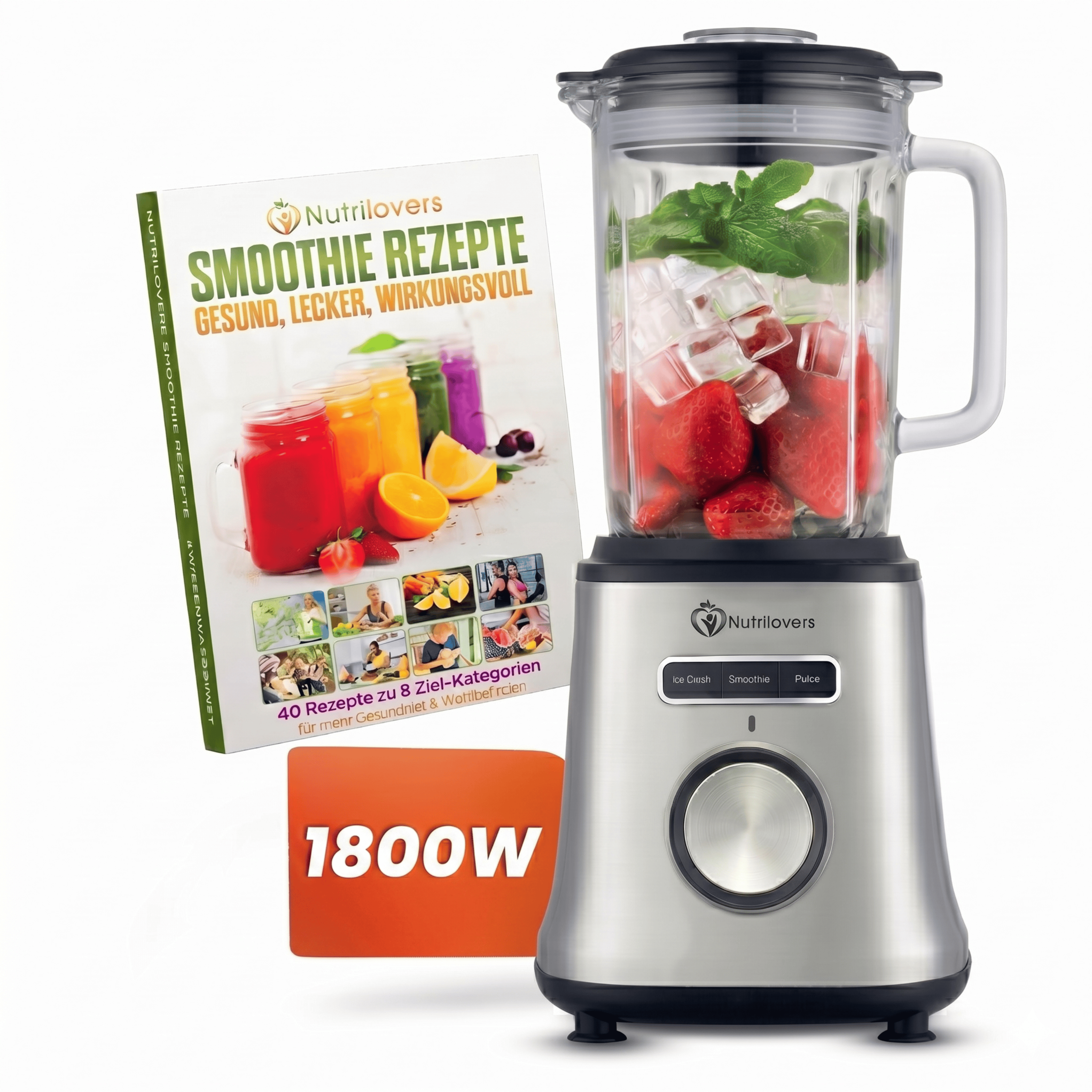 Nutrilovers Standmixer Glas NUTRI-BLENDER GLAS+ Hochleistungsmixer mit Glasbehälter 1800W Edelstahl (Silber)