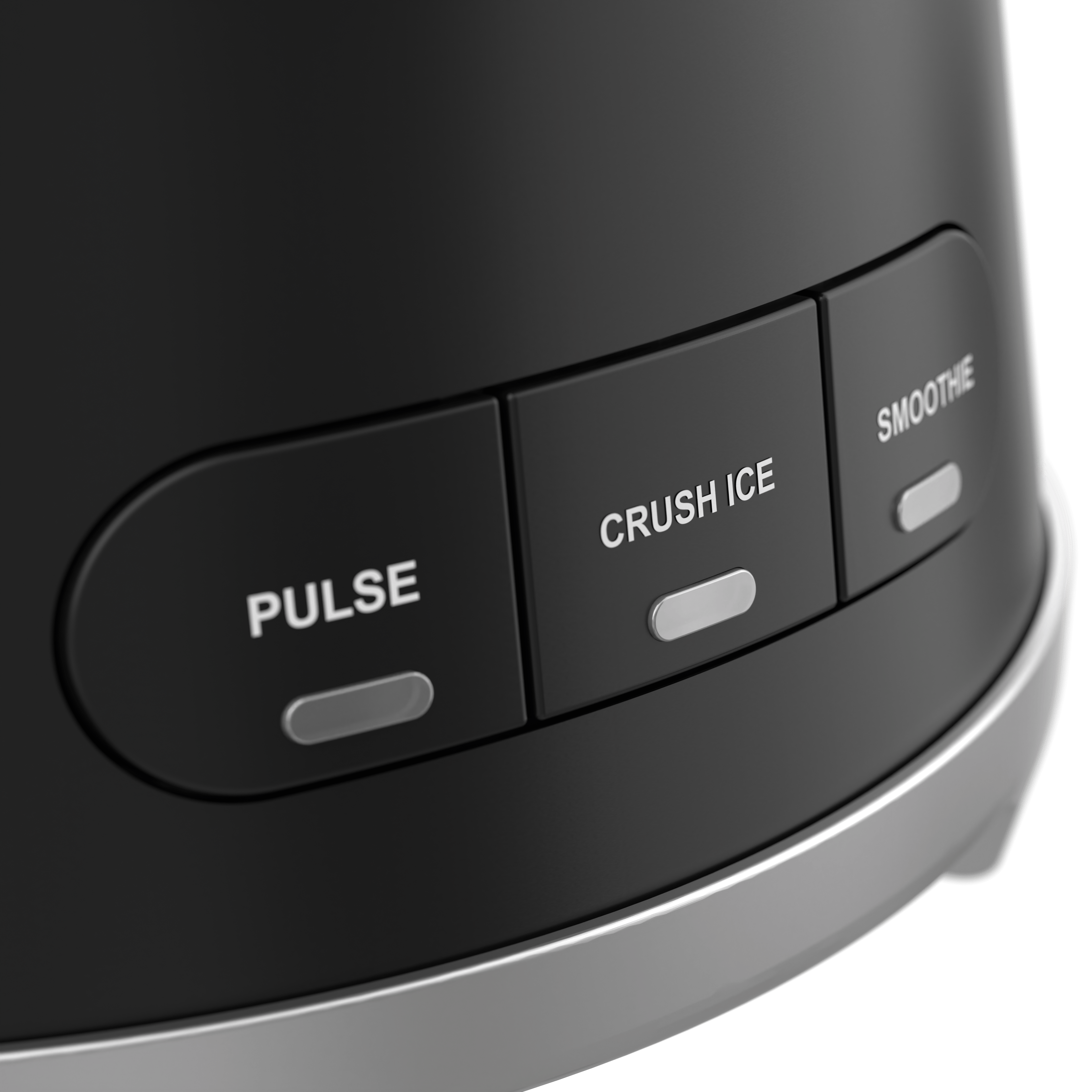 Tischmixer mit schwarzen Tasten für Pulse, Crush Ice und Smoothie-Funktionen, modernes Design.
