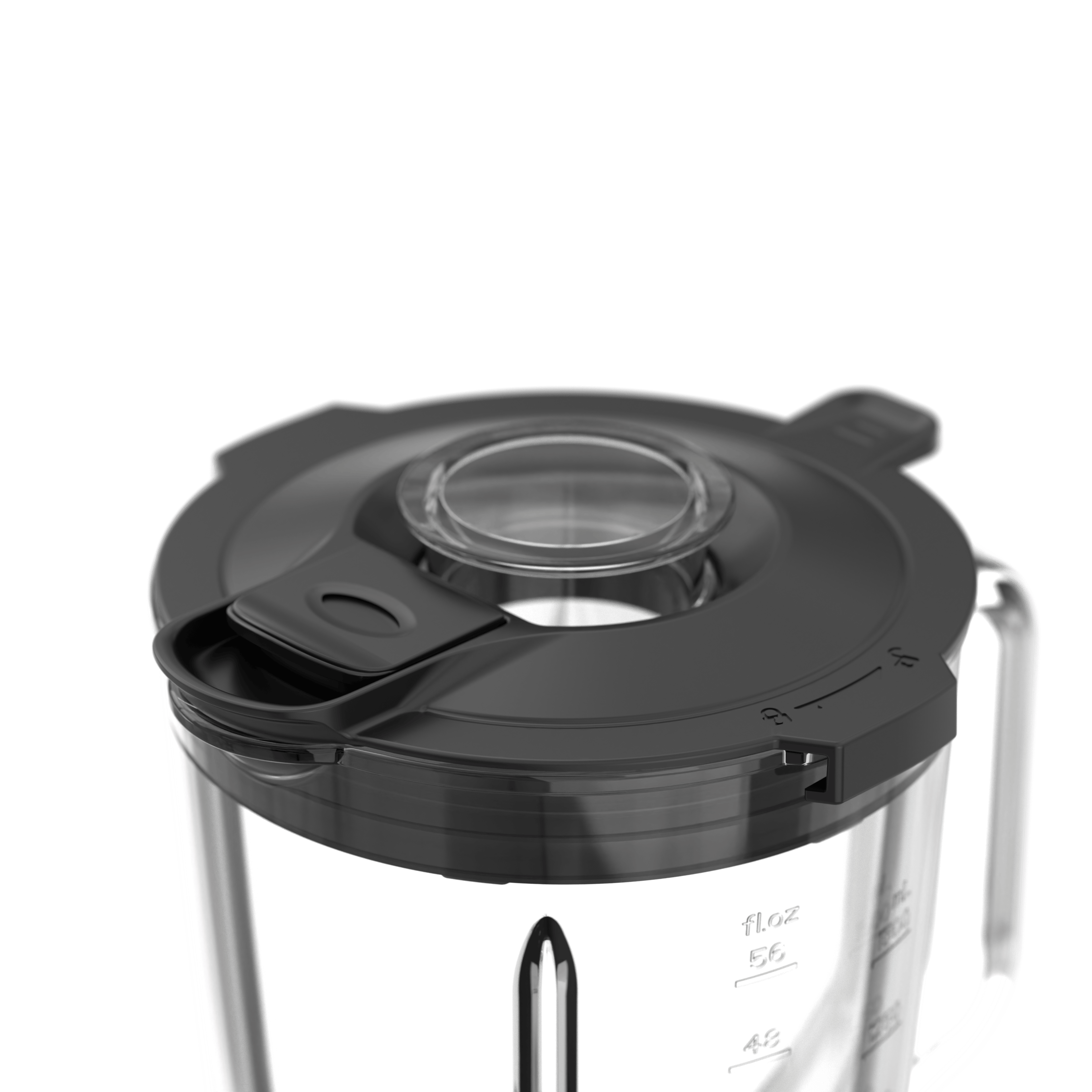 Transparent Mixbehälter mit schwarzem Deckel, ideal für Smoothies und Suppen, aus robustem Glas.